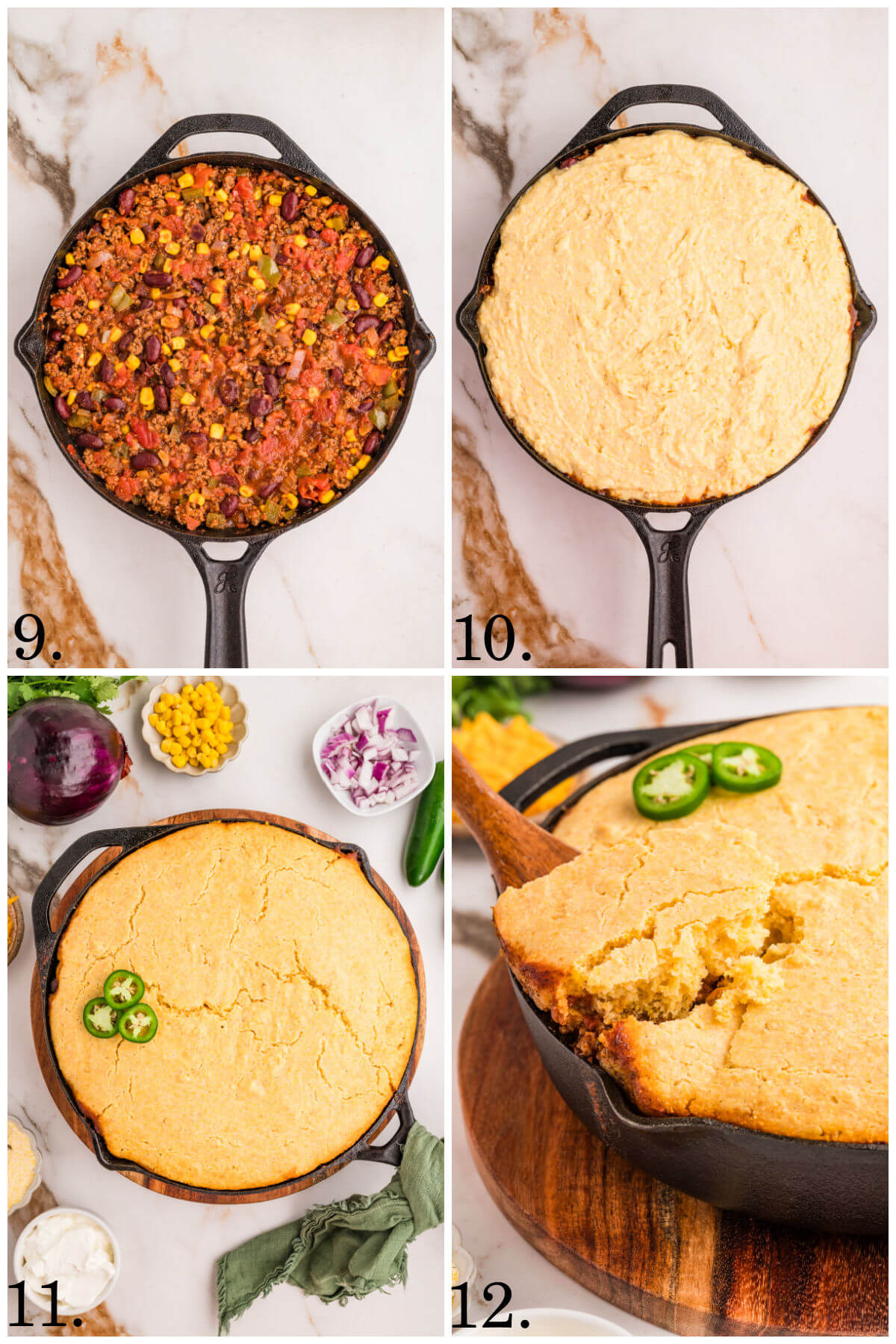 Collage of four photos showing steps 9-12 for how to make chili cornbread casserole.