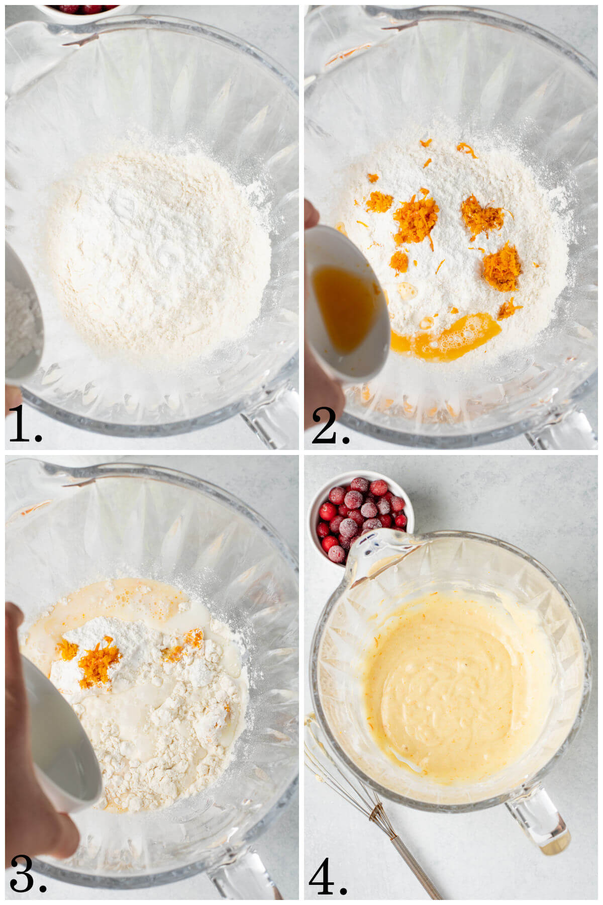 Collage of four photos showing steps 1-4 for how to make cranberry orange cobbler.