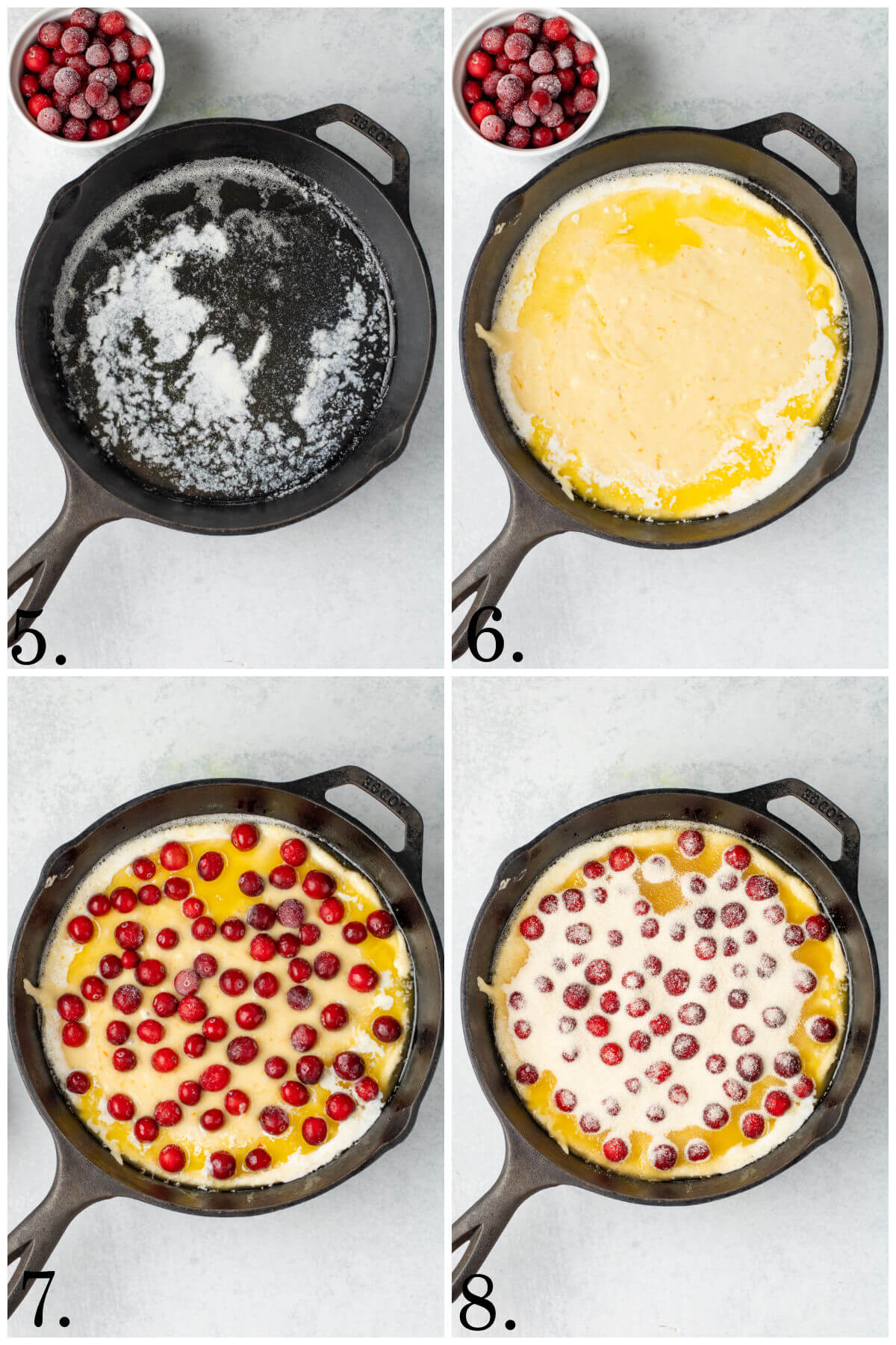 Collage of four photos showing steps 5-8 for how to make cranberry orange cobbler.