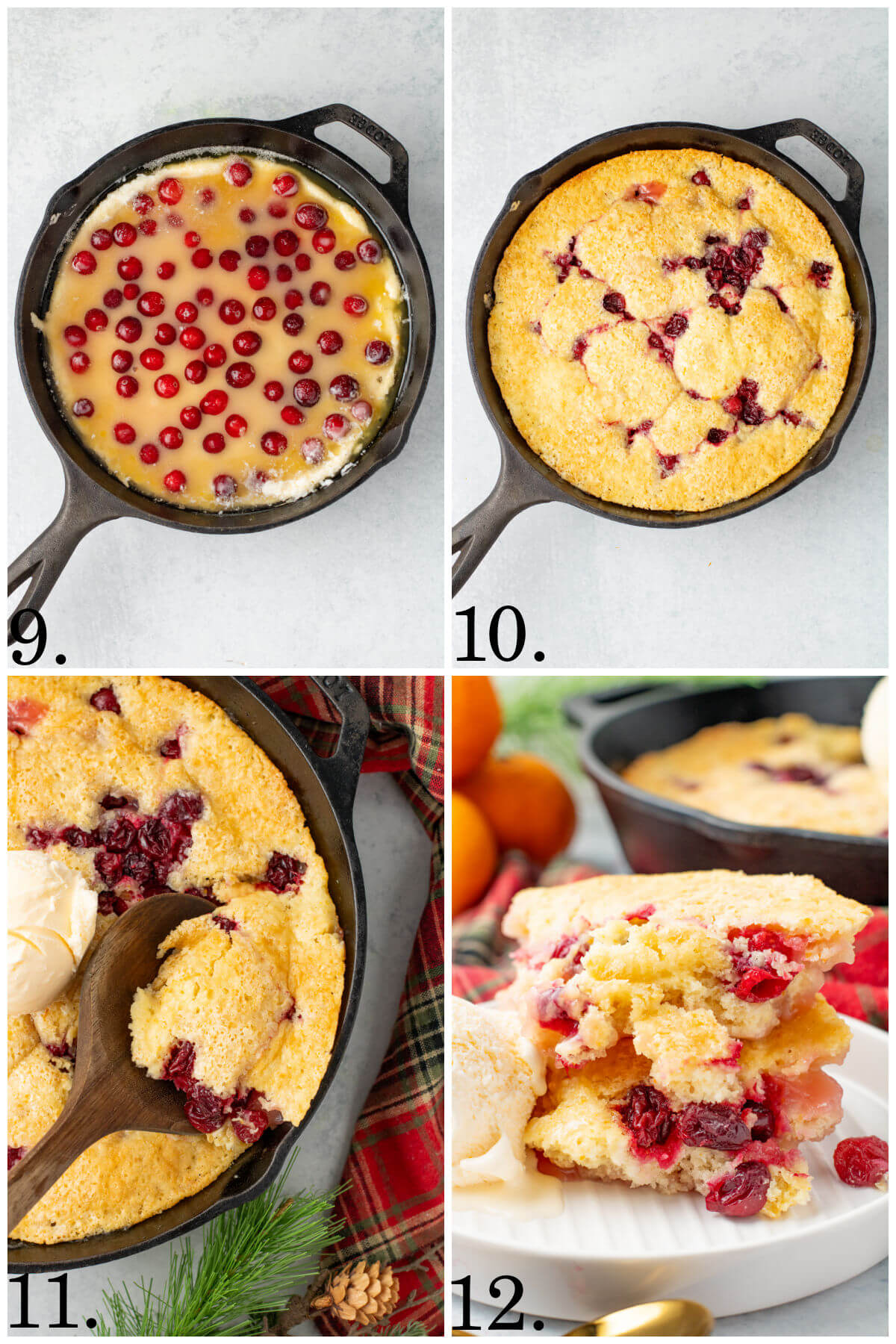 Collage of four photos showing steps 9-12 for how to make cranberry orange cobbler.