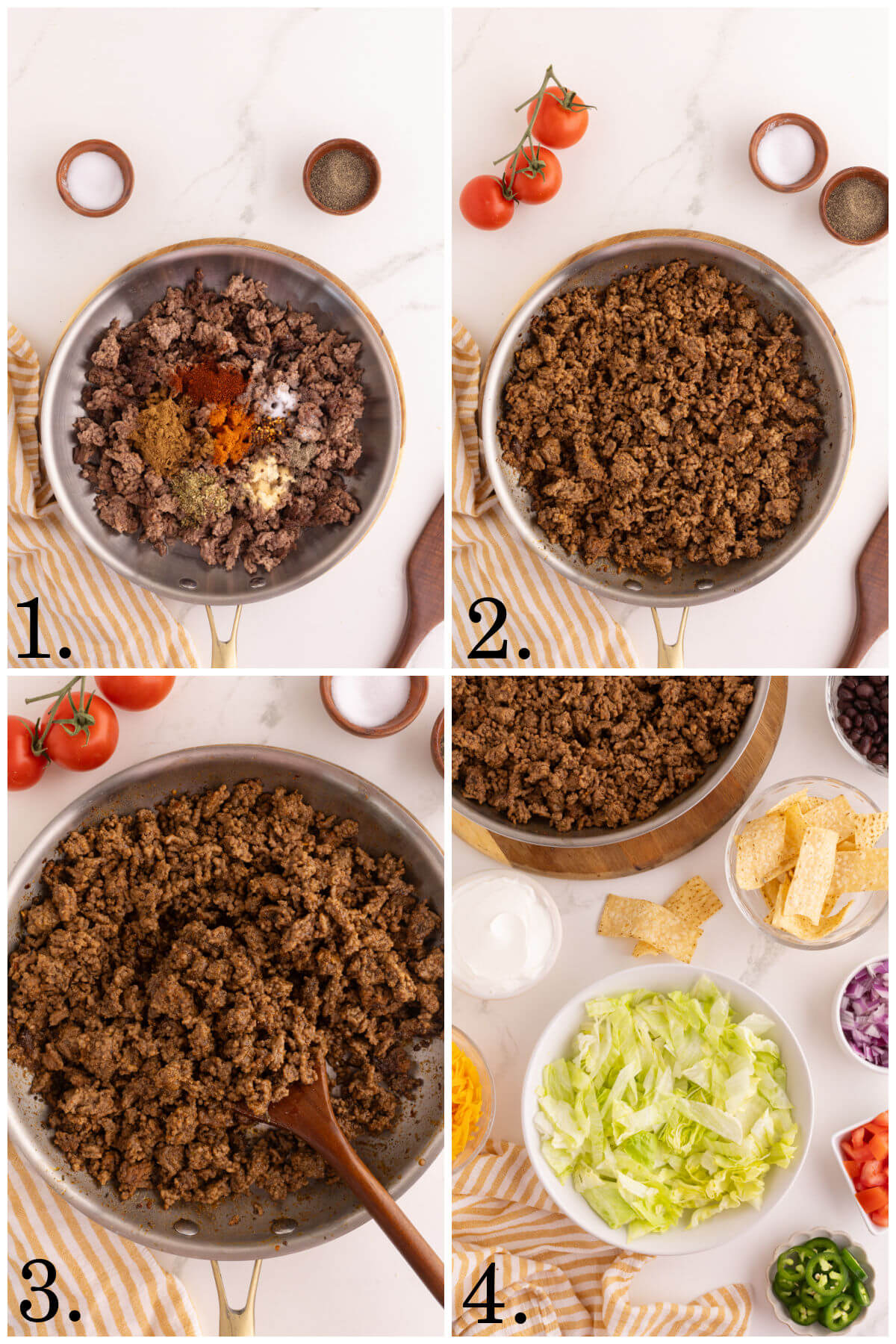Collage of four photos showing steps 1-4 for how to make this easy taco salad recipe.