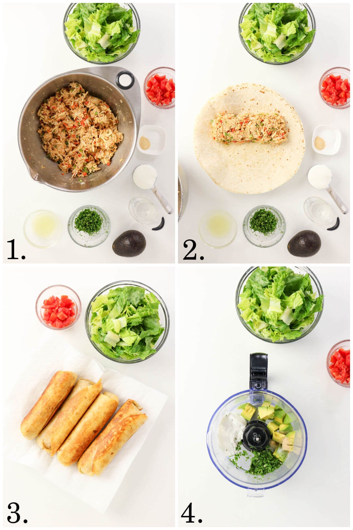Collage of four photos showing the steps for making firecracker chicken wraps.