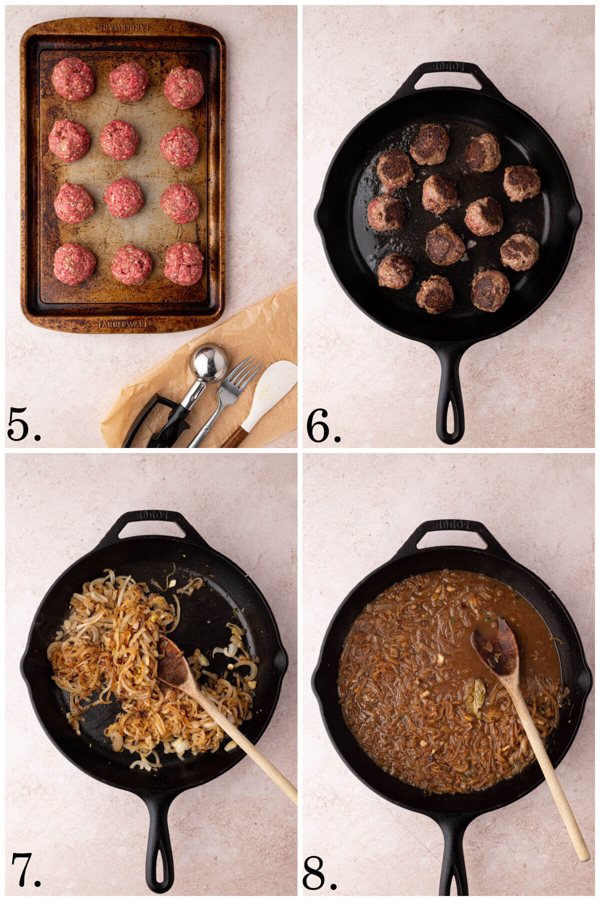 Collage of four photos showing steps 5-8 for how to make French onion meatballs.