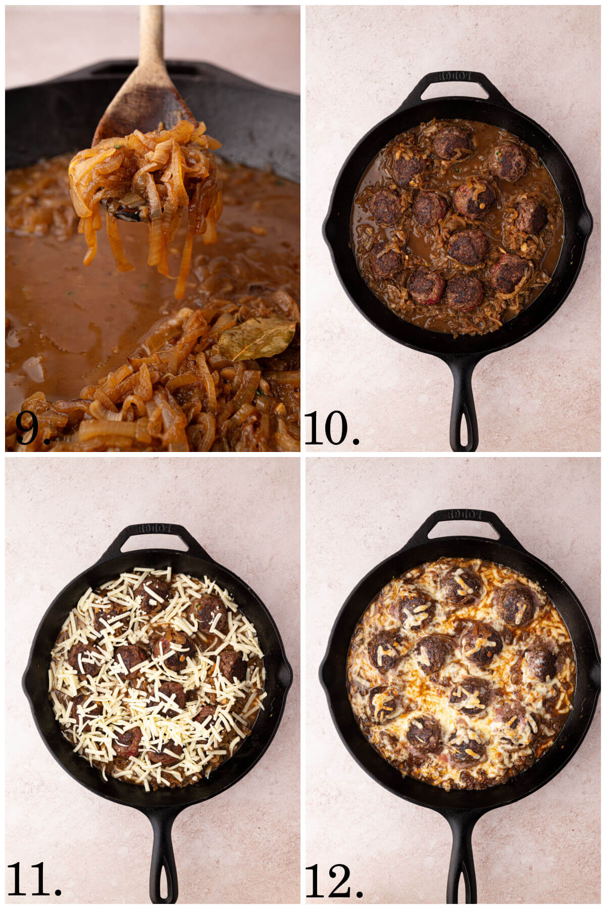 Collage of four photos showing steps 9-12 for how to make French onion meatballs.
