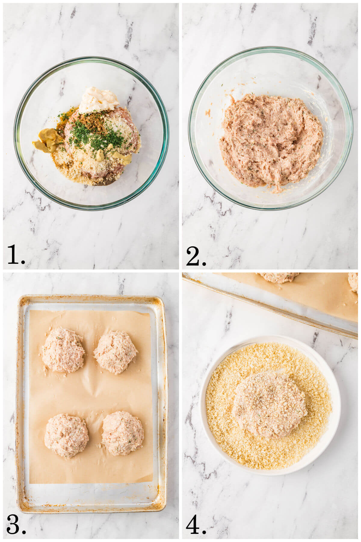 Collage of four photos showing steps 1-4 for how to make chicken burgers.