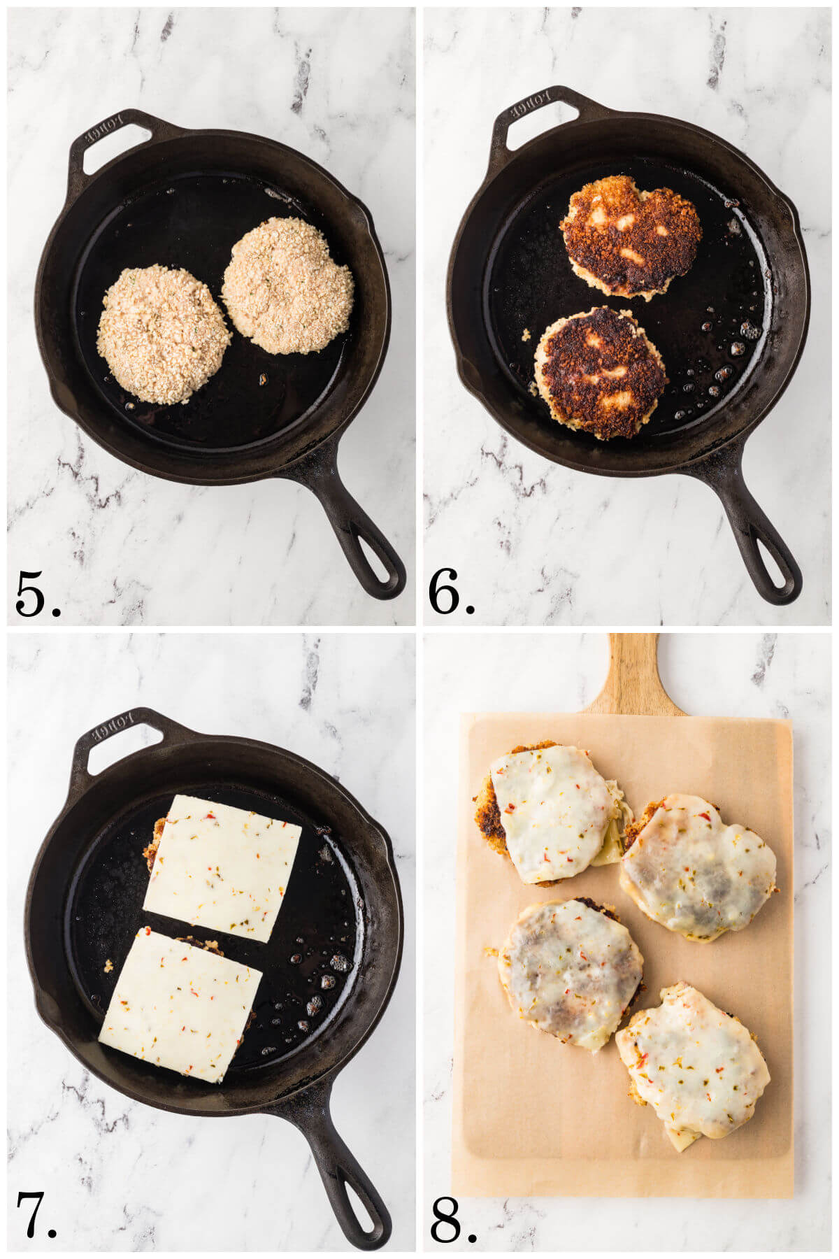 Collage of four photos showing steps 5-8 for how to make chicken burgers.
