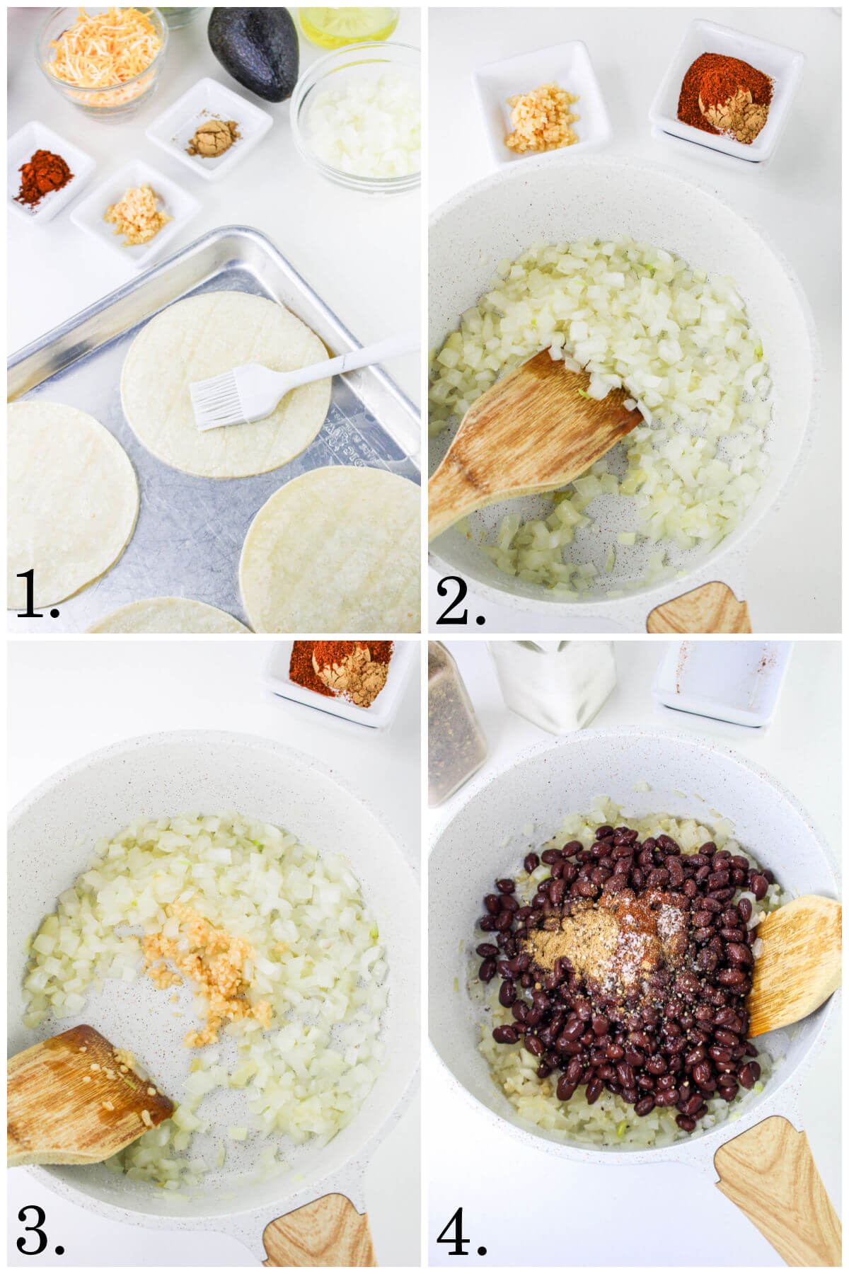 Collage of four photos showing steps 1-4 for how to make black bean tostadas.