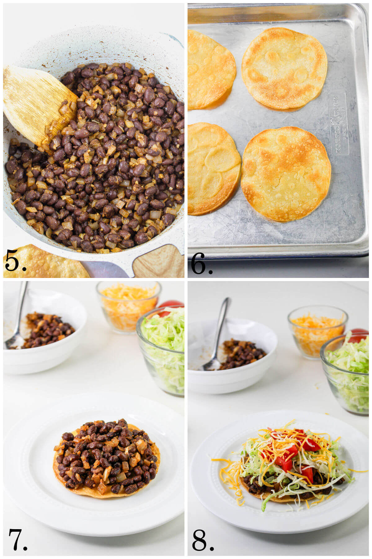 Collage of four photos showing steps 5-8 of how to make black bean tostadas.