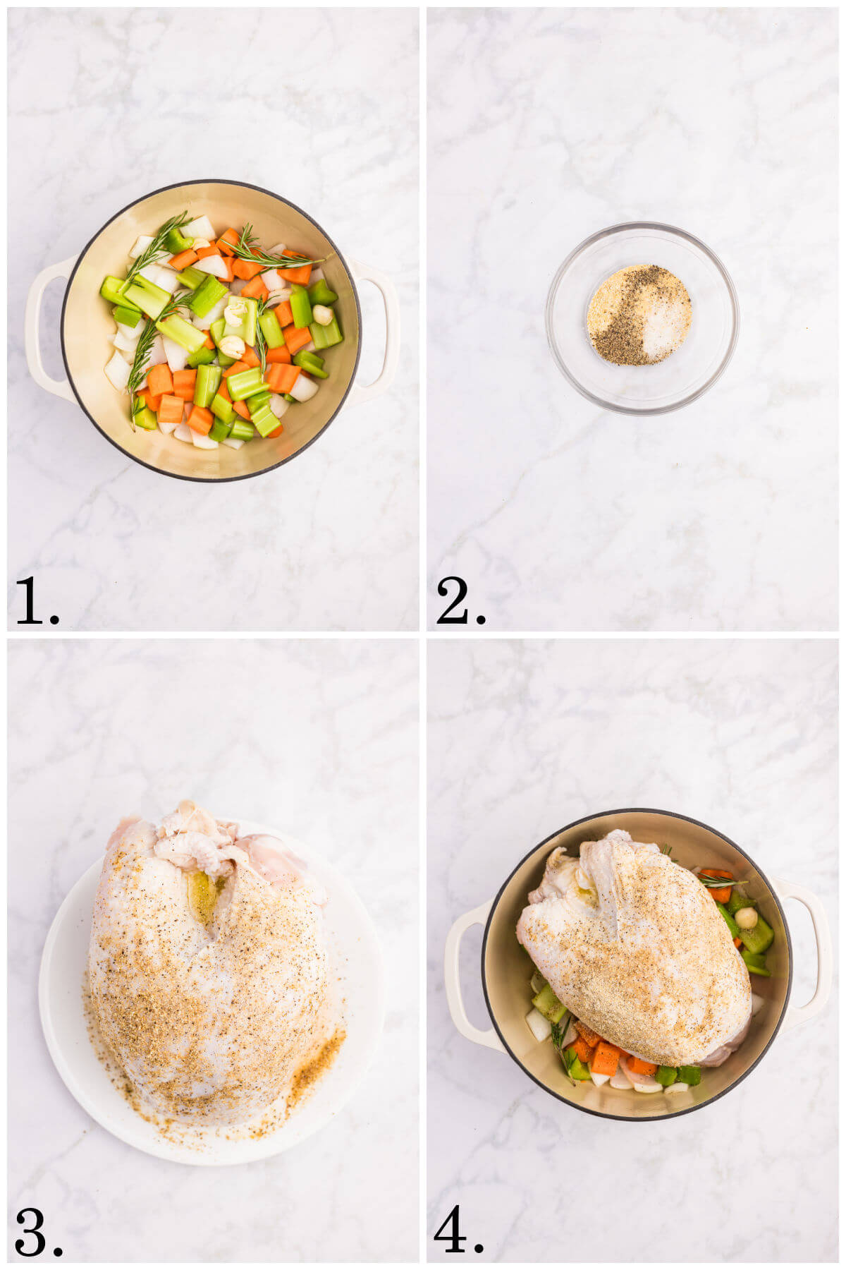 Collage of four photos showing steps 1-4 for how to make honey glazed turkey breast.