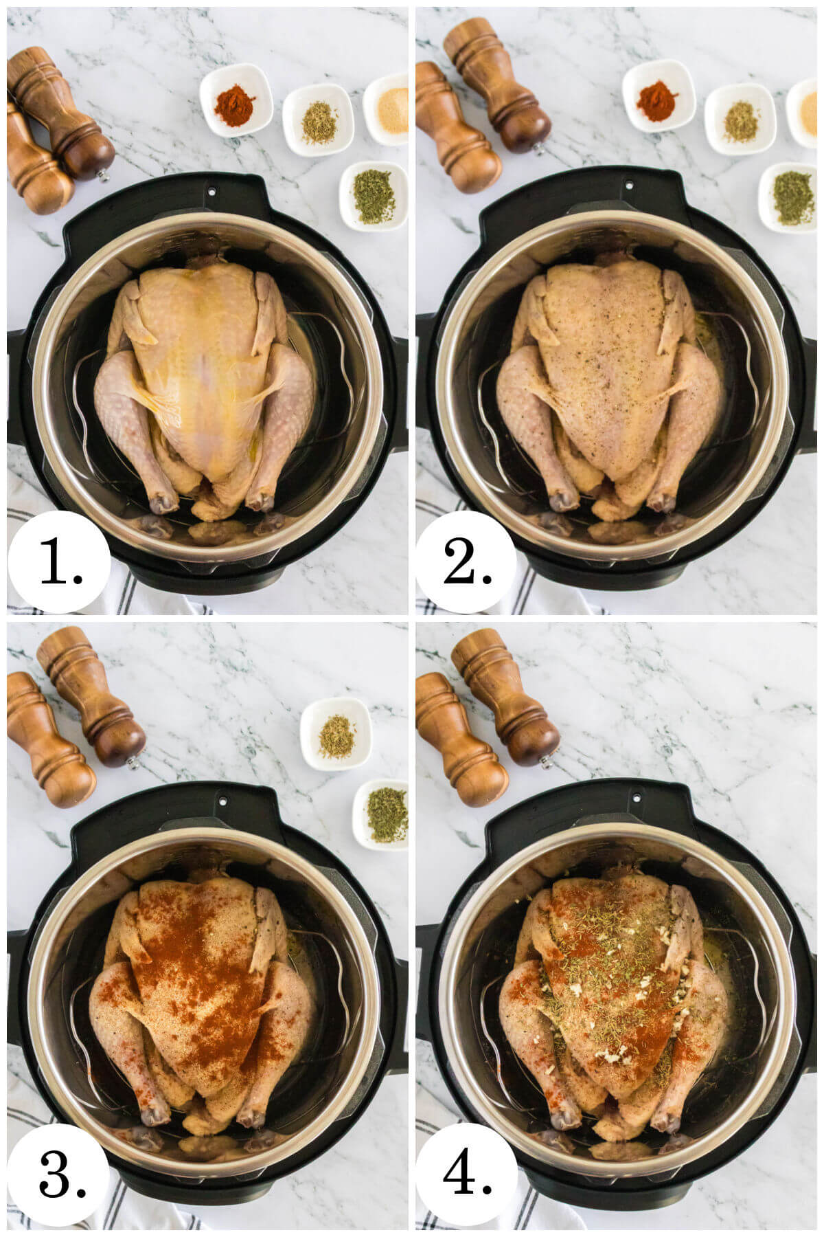 Collage of four photos showing steps 1-4 for how to make Instant Pot whole chicken.