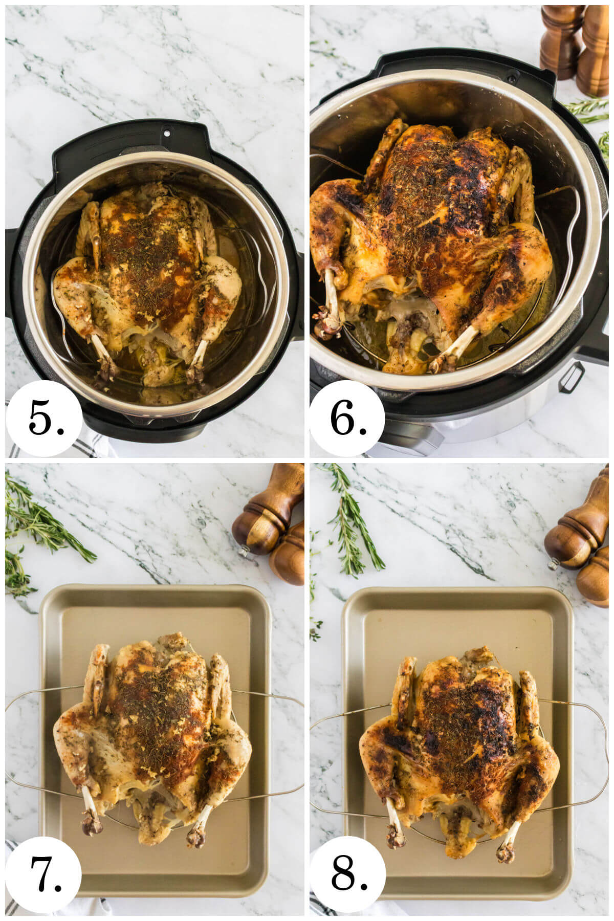 Collage of four photos showing steps 5-8 for how to make Instant Pot whole chicken.