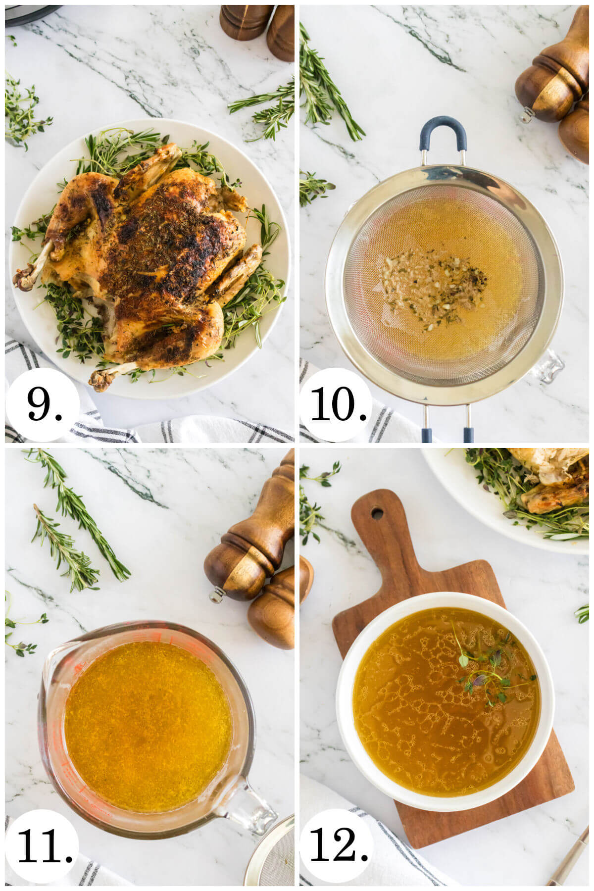 Collage of four photos showing steps 9-12 for how to make Instant Pot whole chicken.