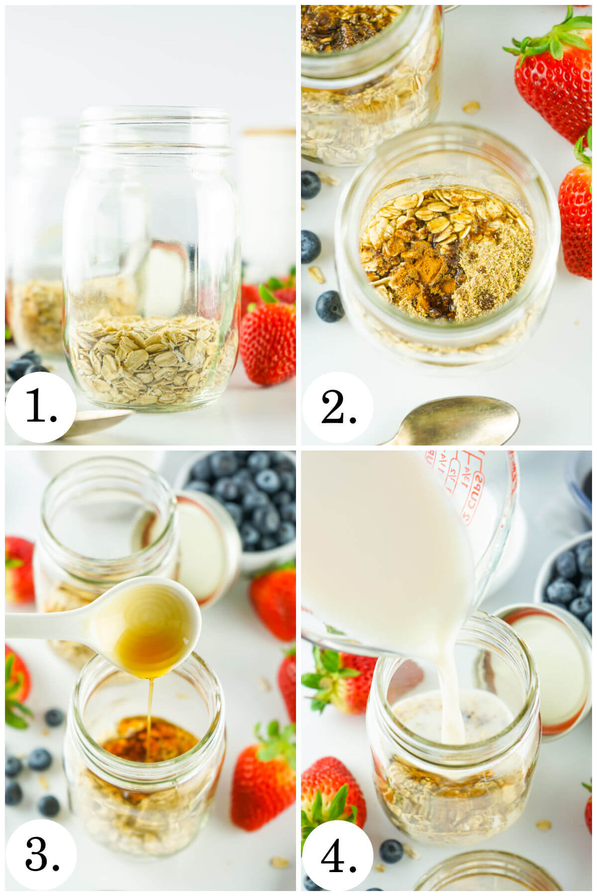 Collage of four photos showing steps 1-4 for how to make lactation overnight oats.