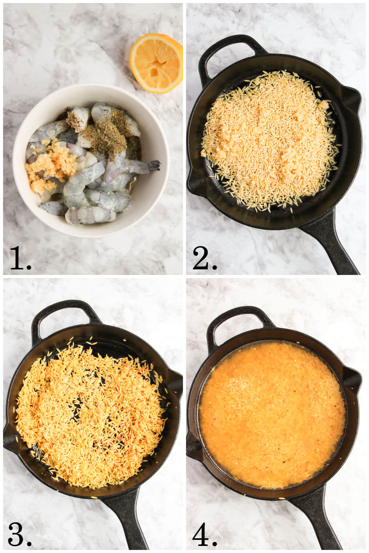 Collage of four photos showing steps 1-4 for how to make lemon garlic shrimp orzo.