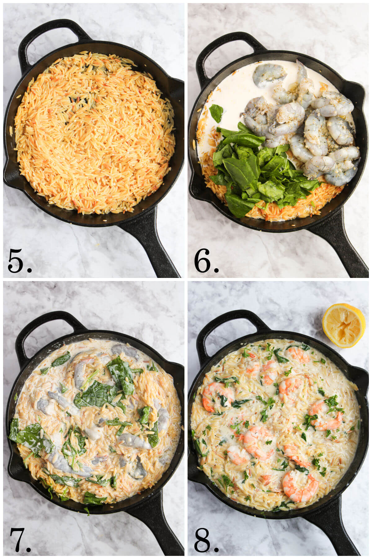 Collage of four photos showing steps 5-8 for how to make lemon garlic shrimp orzo.