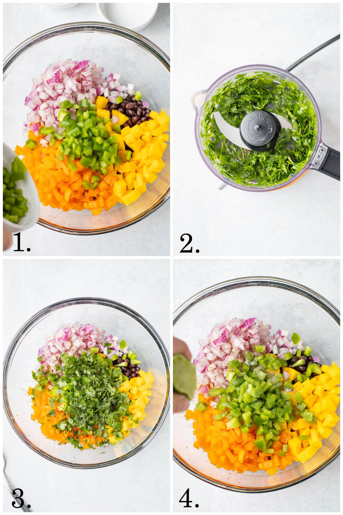 Collage of four photos showing steps used to assemble a mango black bean salsa.