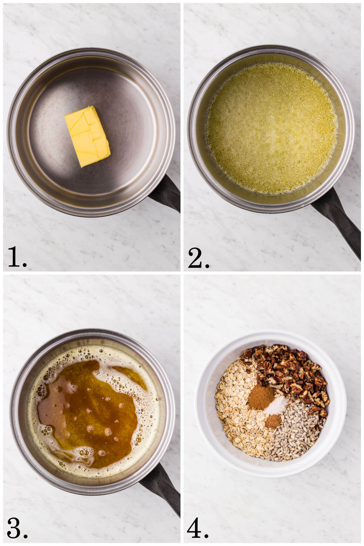 Collage of four photos showing steps 1-4 for how to make maple granola.