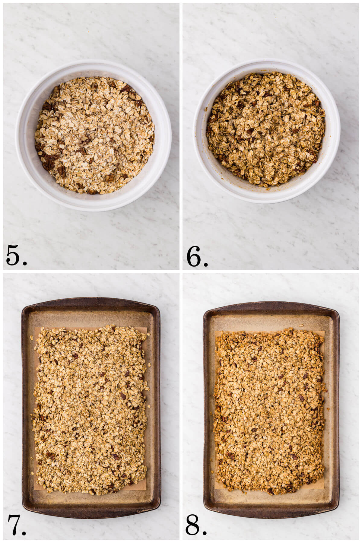 Collage of four photos showing steps 5-8 for how to make maple granola.