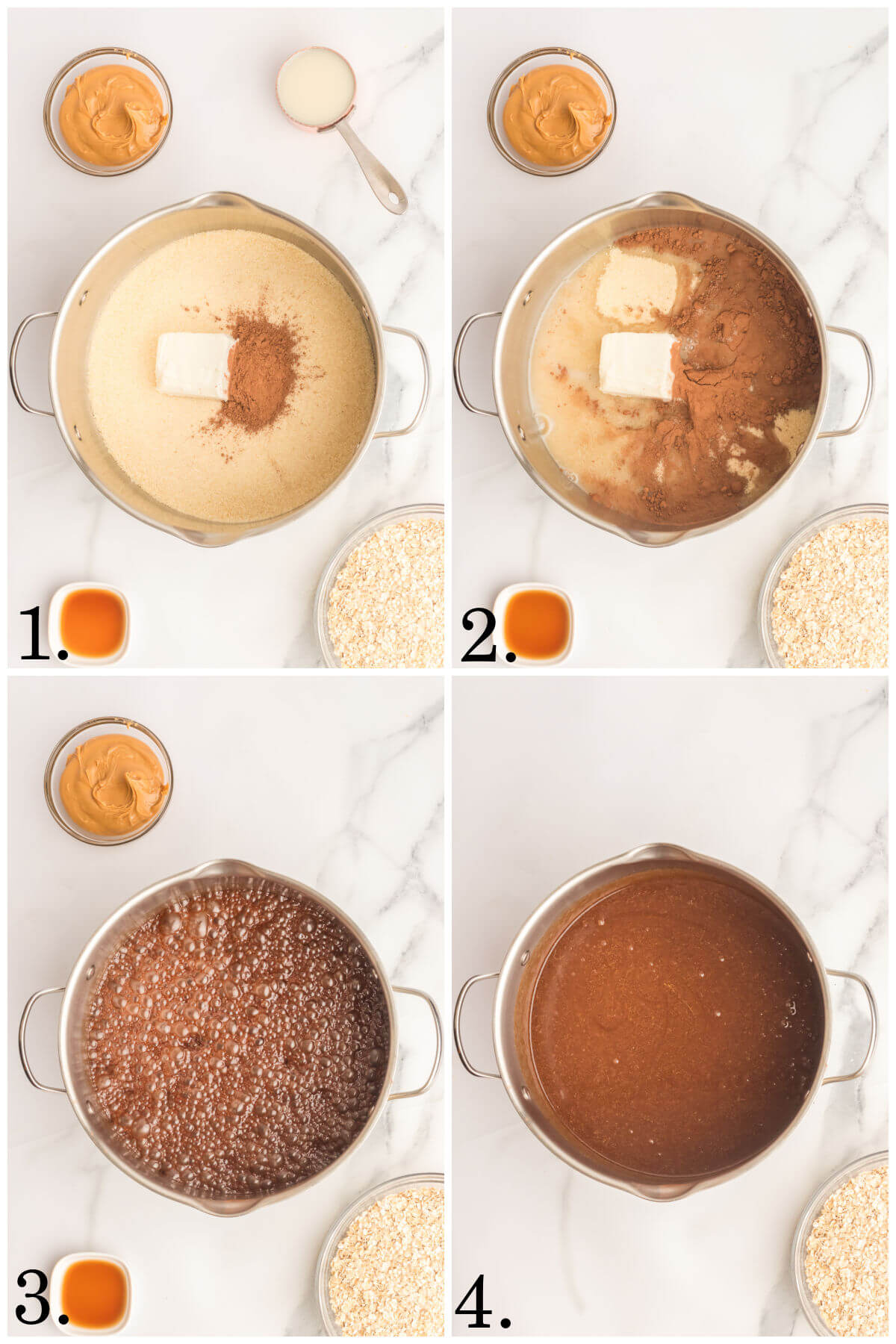 Collage of four photos showing steps 1-4 for how to make no bake cookies with peanut butter.