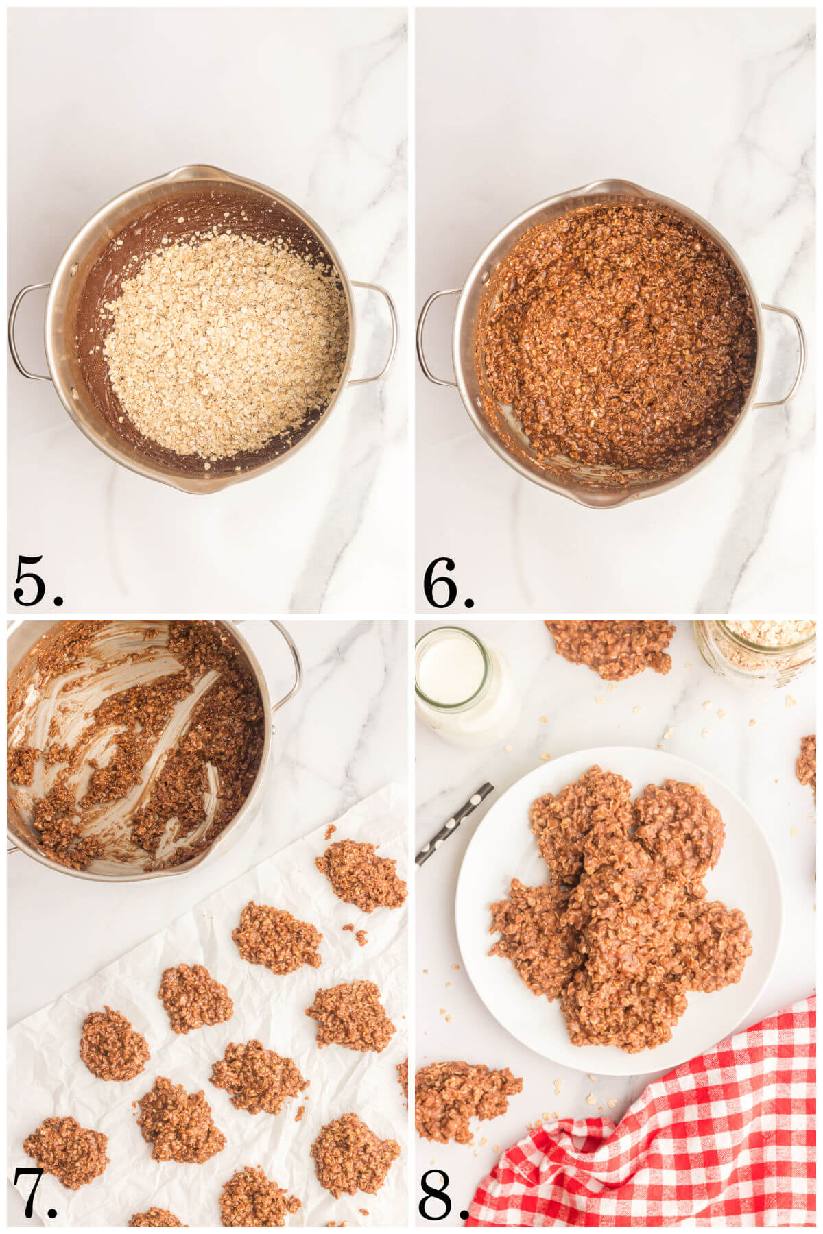 Collage of four photos showing steps 5-8 for how to make no bake cookies with peanut butter.