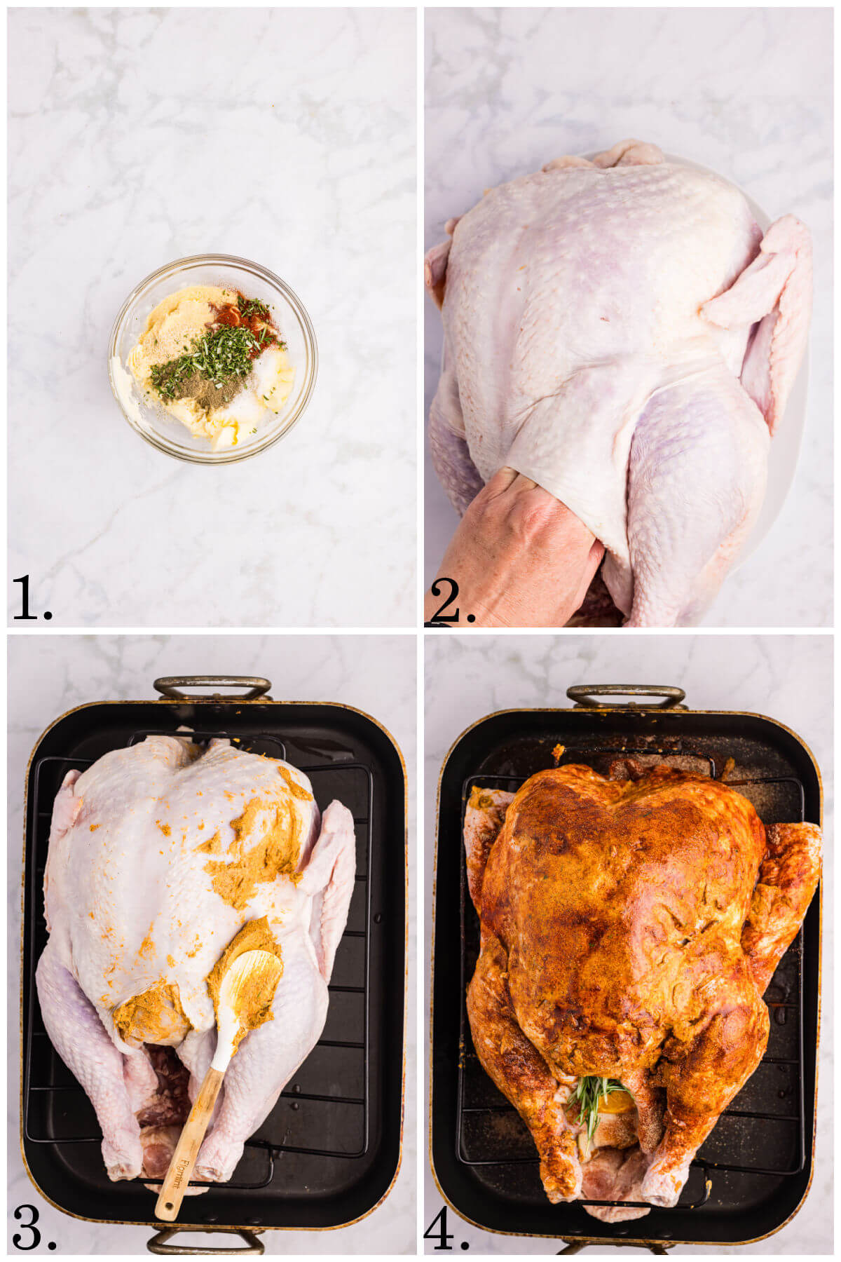 Collage of four photos showing steps 1-4 for how to make orange glazed turkey.