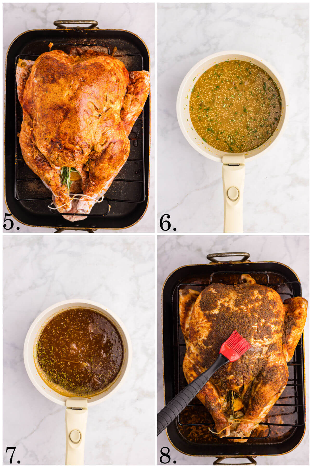 Collage of four photos showing steps 5-8 for how to make orange glazed turkey.