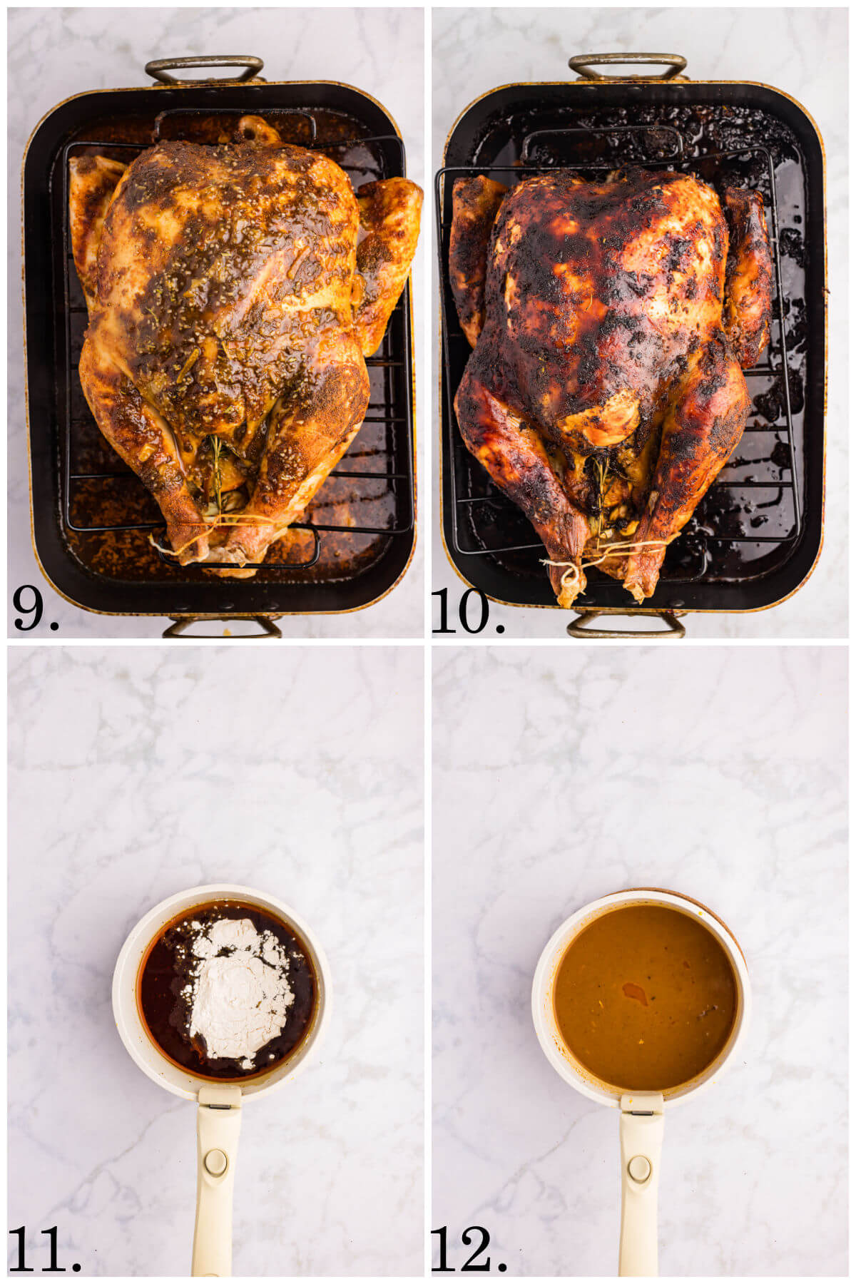 Collage of four photos showing steps 9-12 for how to make orange glazed turkey.