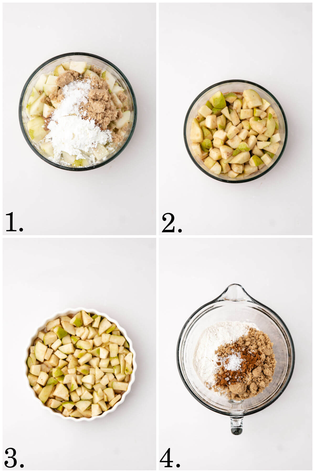 Collage of four photos showing steps 1-4 for how to make pear crisp.