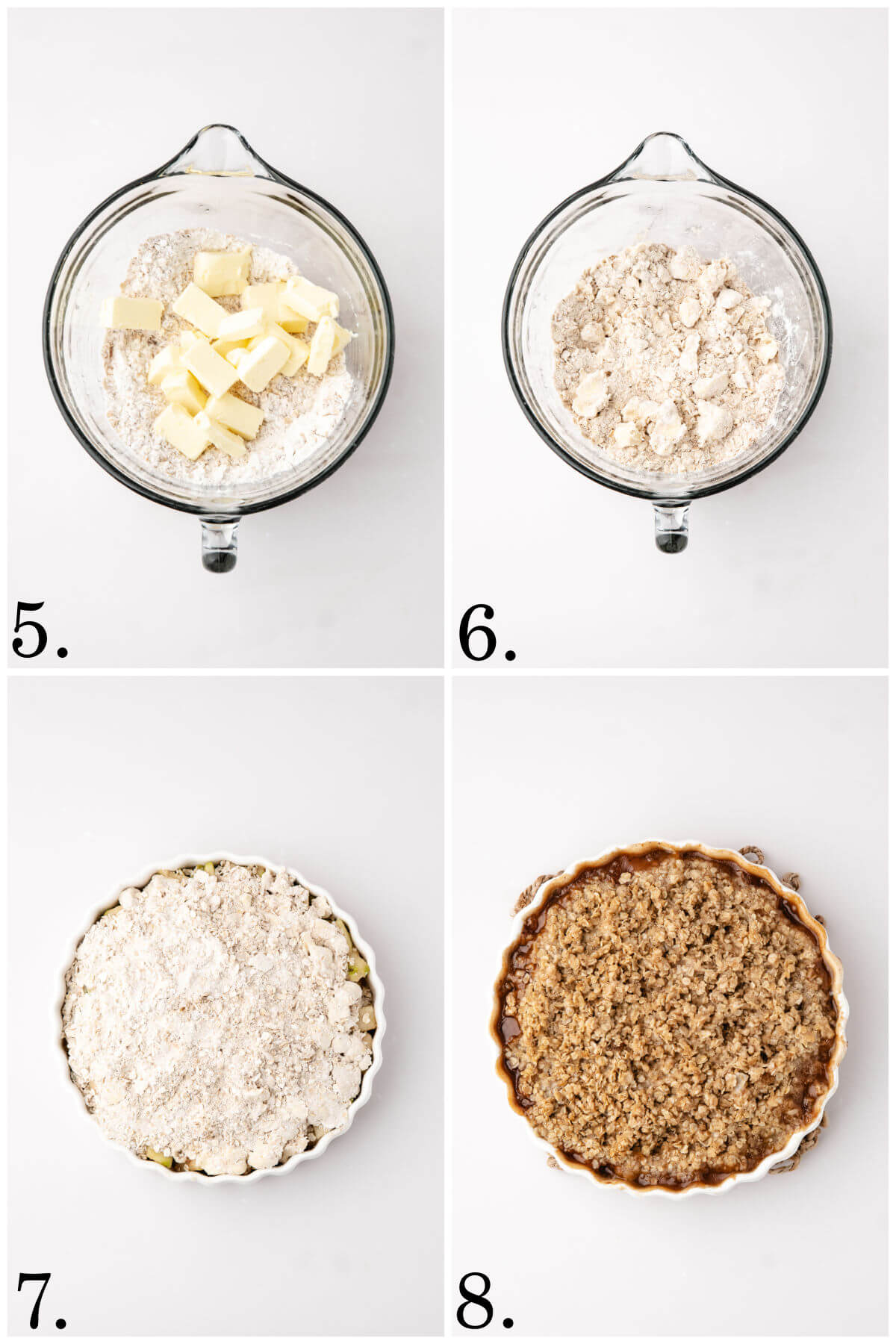 Collage of four photos showing steps 5-8 for how to make pear crisp.
