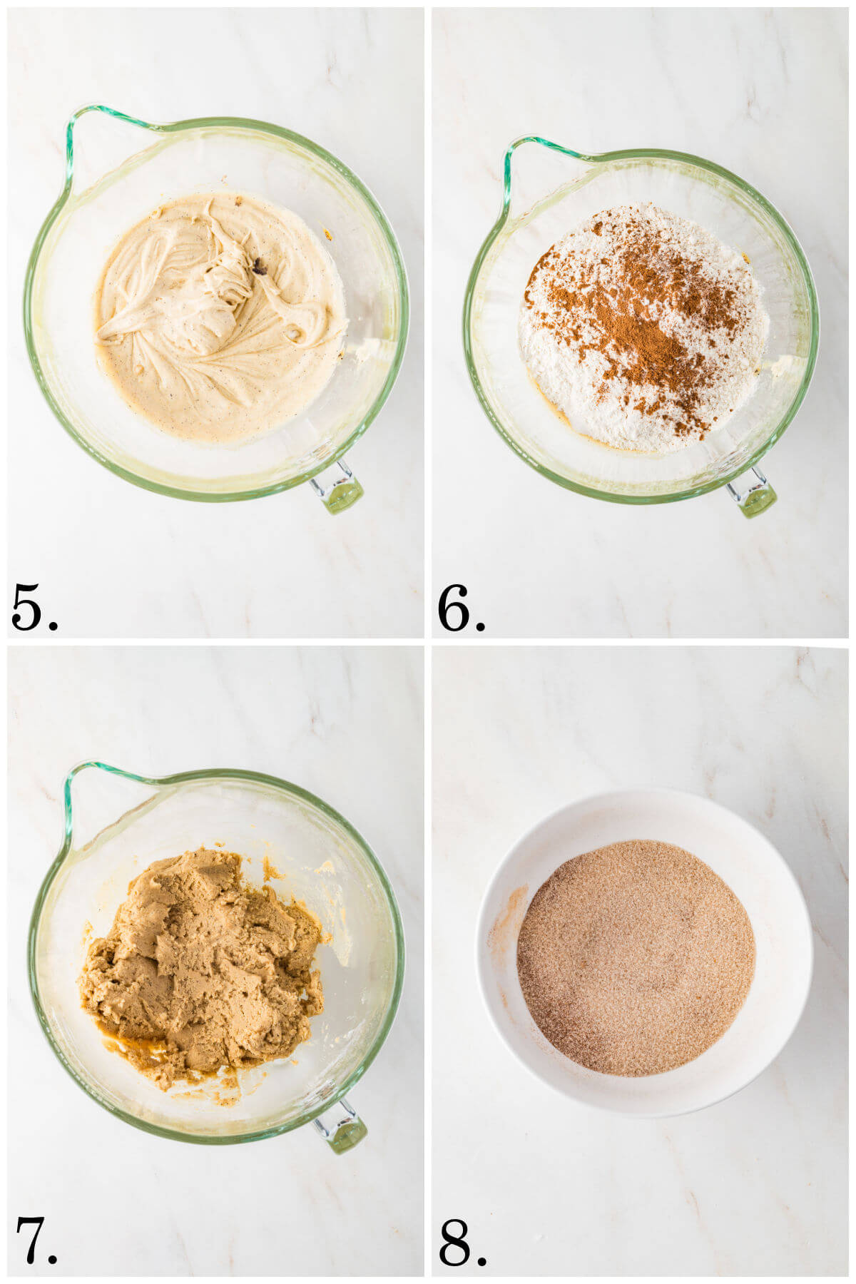 Collage of four photos showing steps 5-8 for how to make pumpkin pie spice cookies.