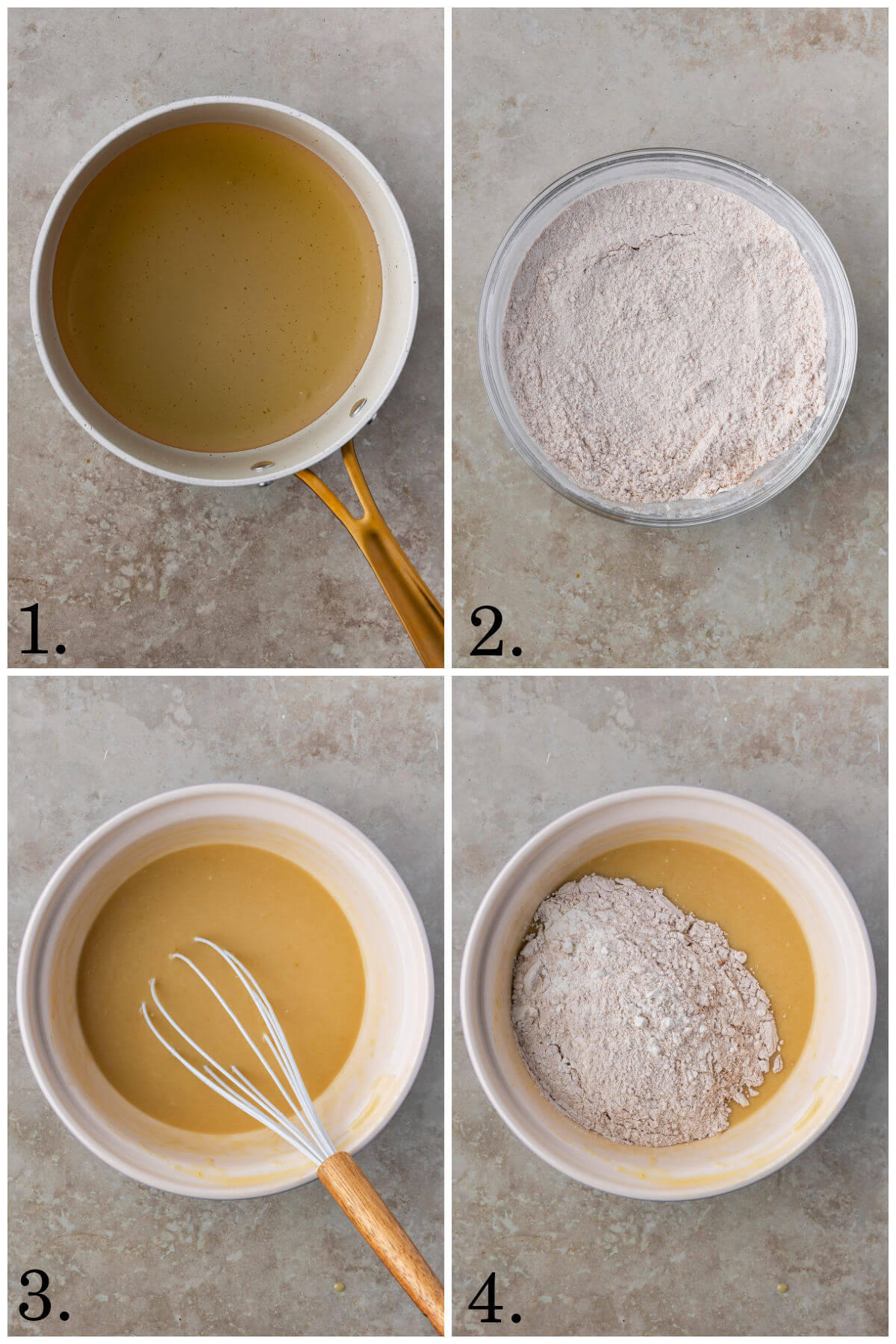 Collage of four photos showing steps 1-4 for how to make sourdough apple cider donuts.