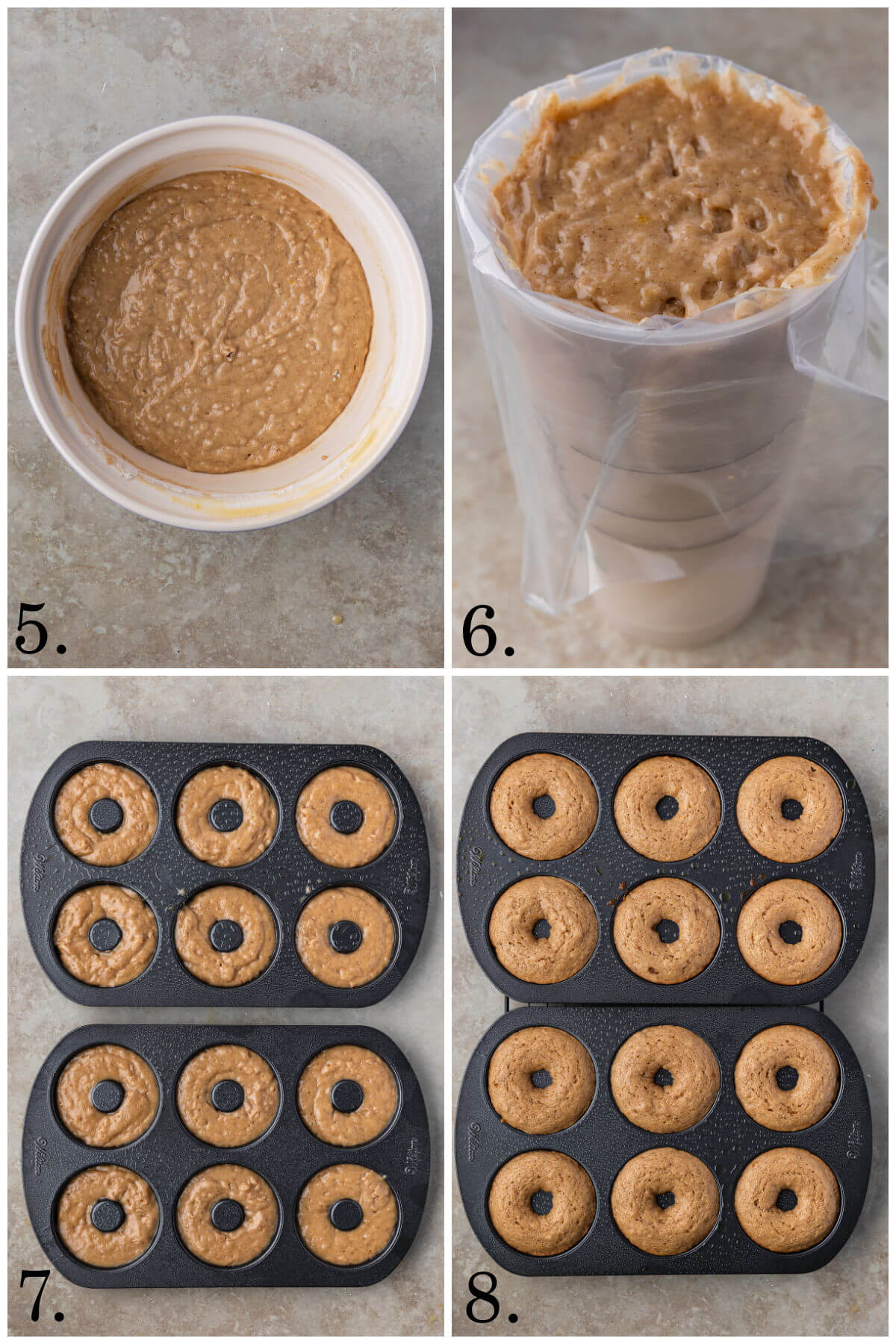 Collage of four photos showing steps 5-8 for how to make sourdough apple cider donuts.