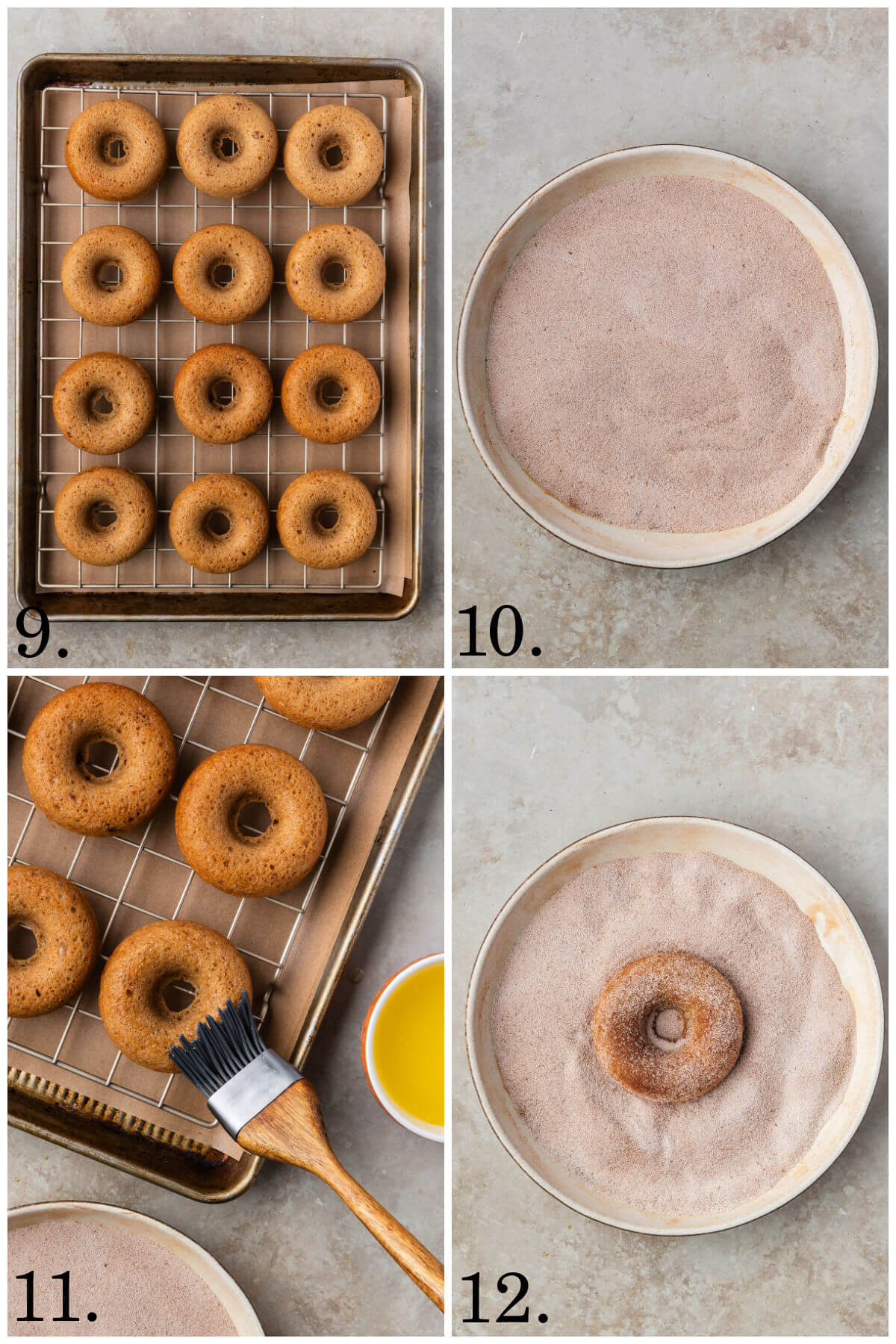 Collage of four photos showing steps 9-12 for how to make sourdough apple cider donuts.