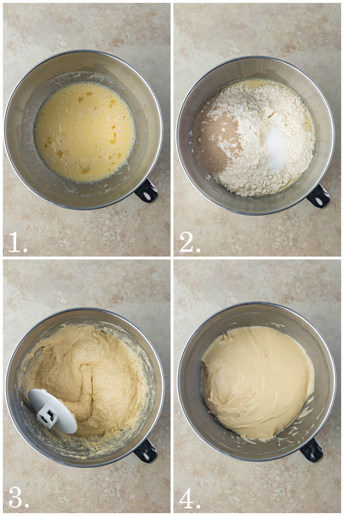 Collage of four photos showing steps 1-4 for how to make sourdough discard Hawaiian rolls.