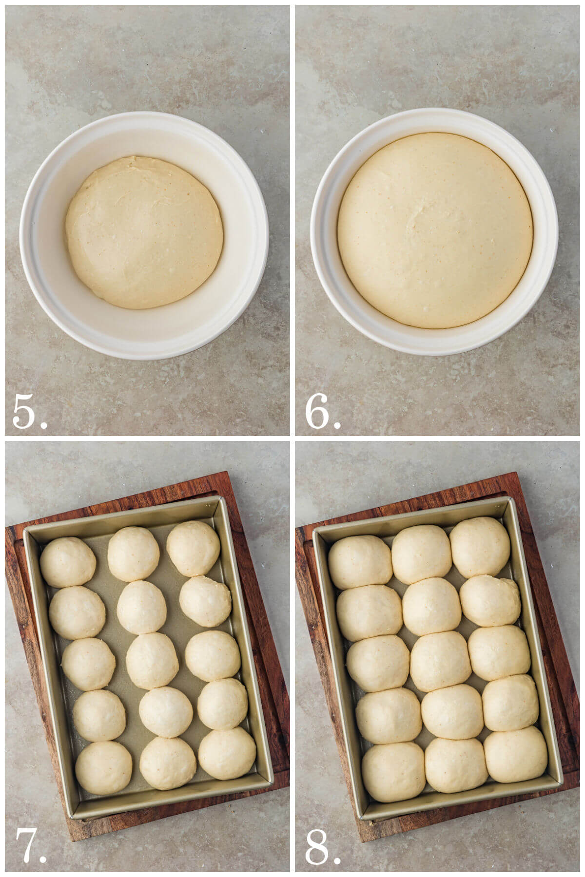 Collage of four photos showing steps 5-8 for how to make sourdough discard Hawaiian rolls.