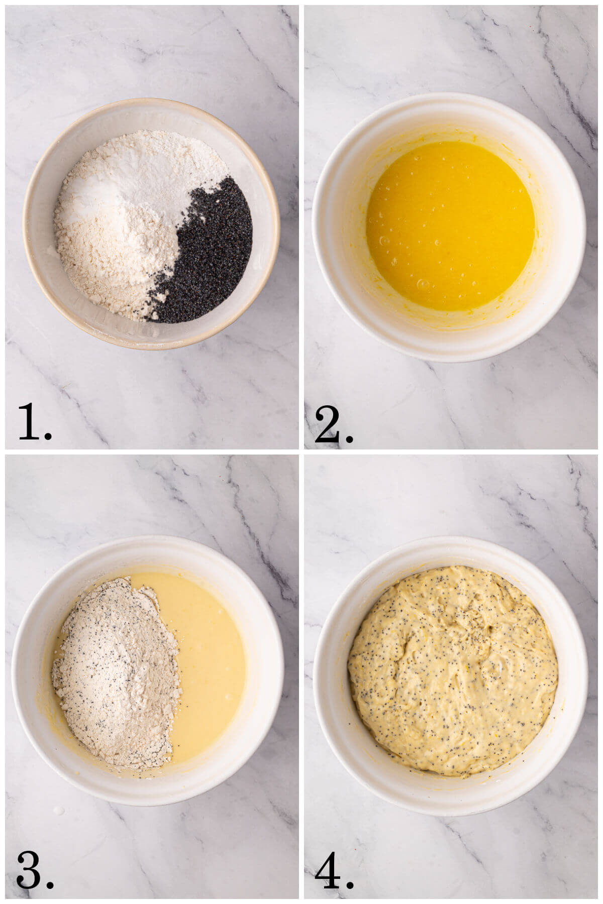 Collage of four photos showing steps 1-4 for how to make sourdough lemon poppy seed muffins.