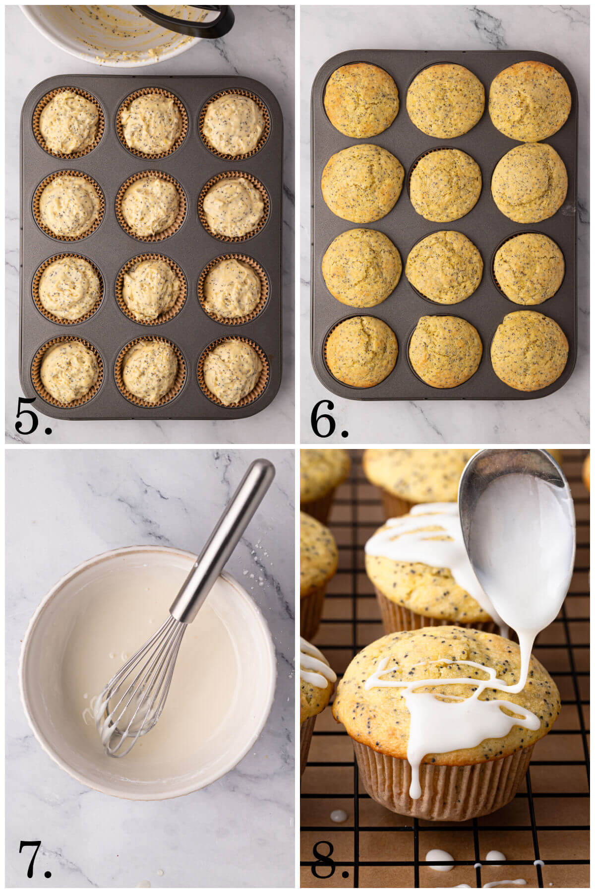 Collage of four photos showing steps 5-8 for how to make sourdough lemon poppy seed muffins.