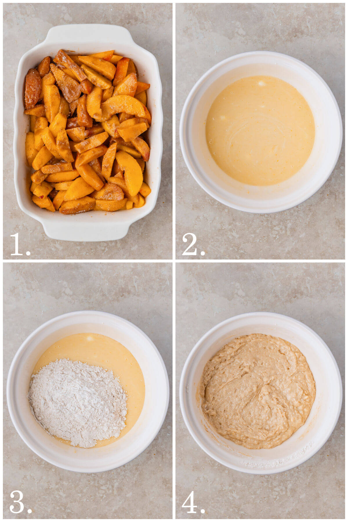 Collage of four photos showing steps 1-4 for how to make sourdough peach cobbler.