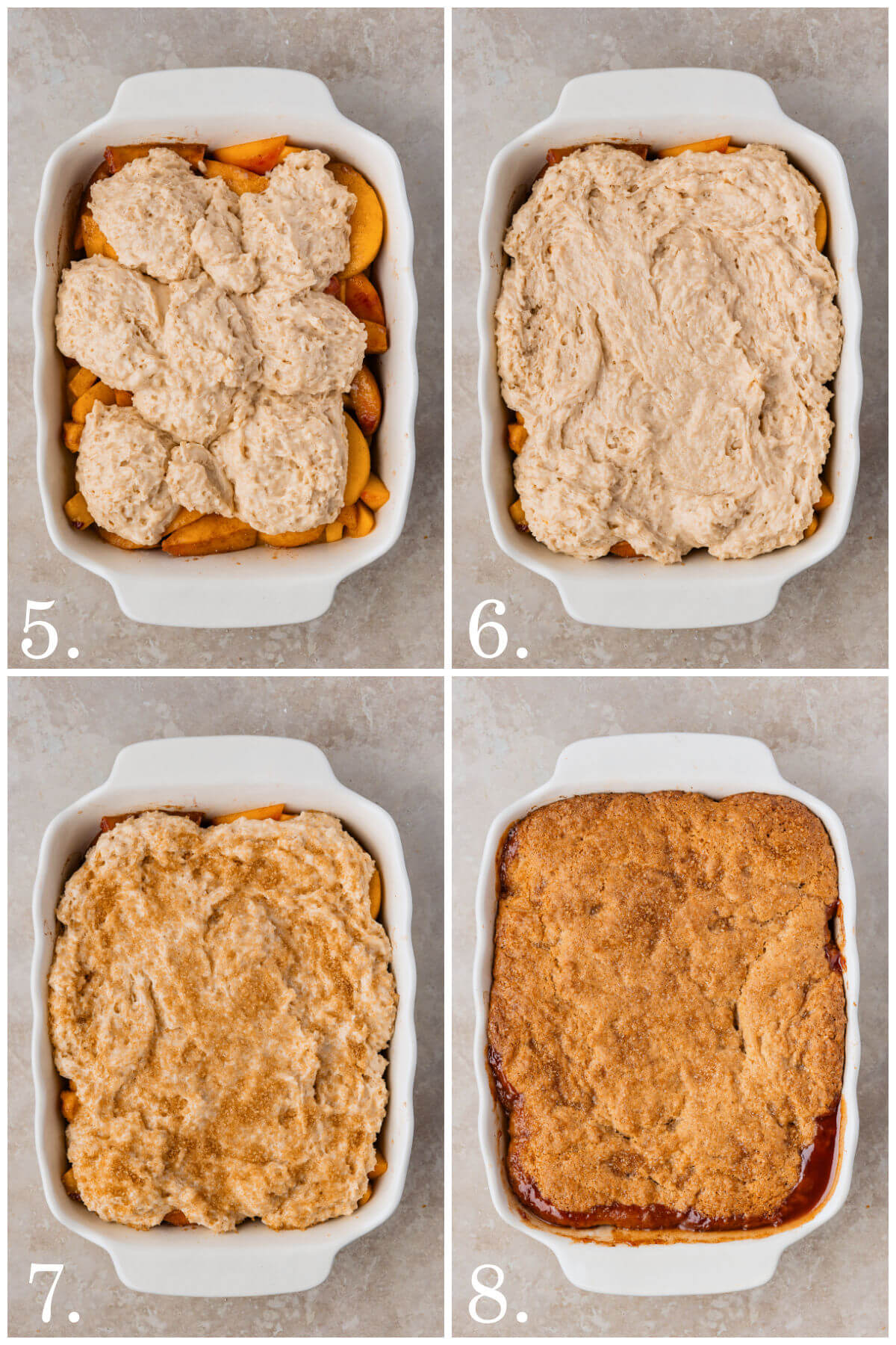 Collage of four photos showing steps 5-8 for how to make sourdough peach cobbler.