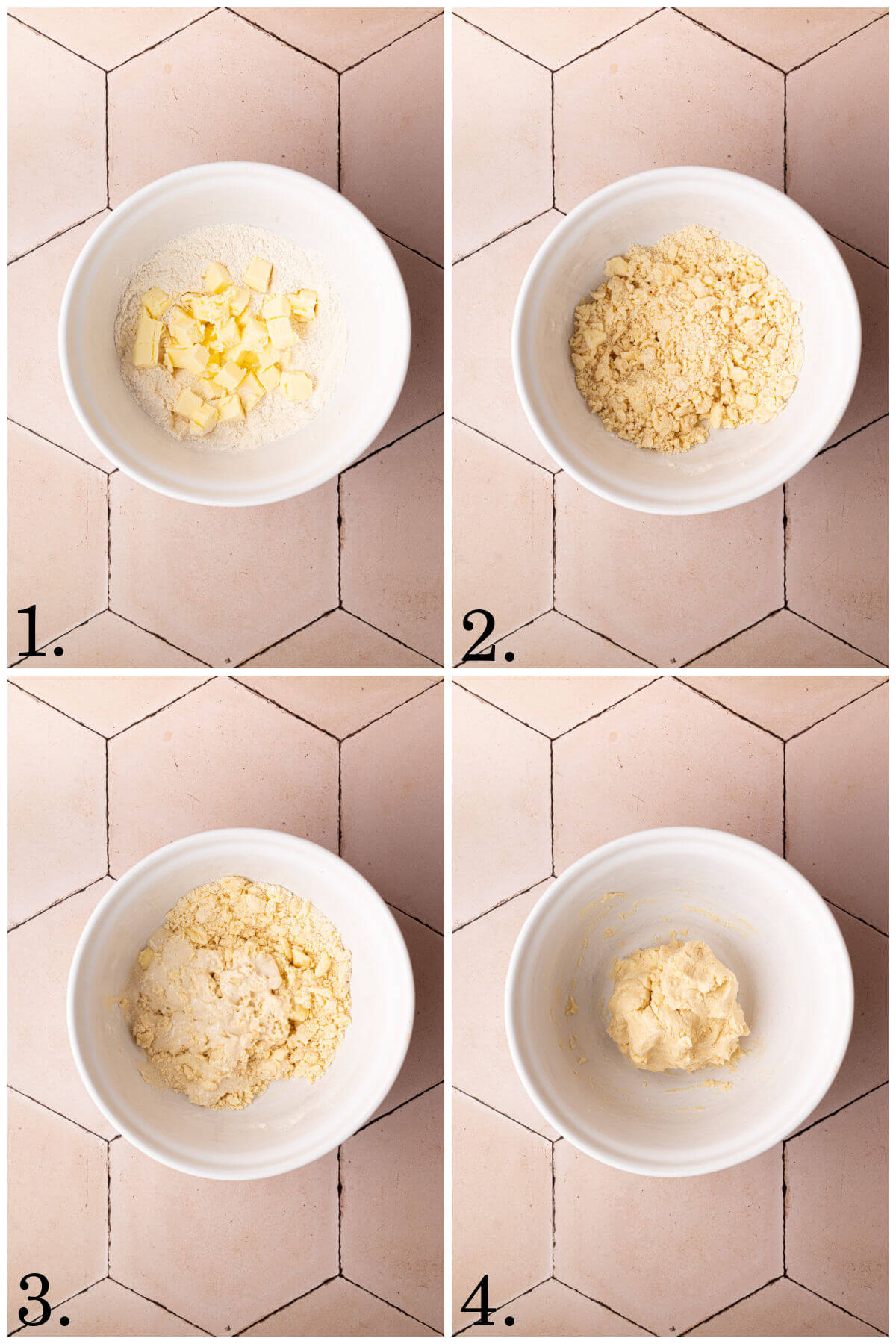 Collage of four photos showing steps 1-4 for how to make sourdough peach galette.