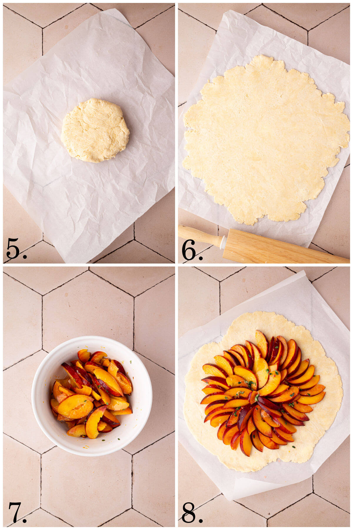 Collage of four photos showing steps 5-8 for how to make sourdough peach galette.