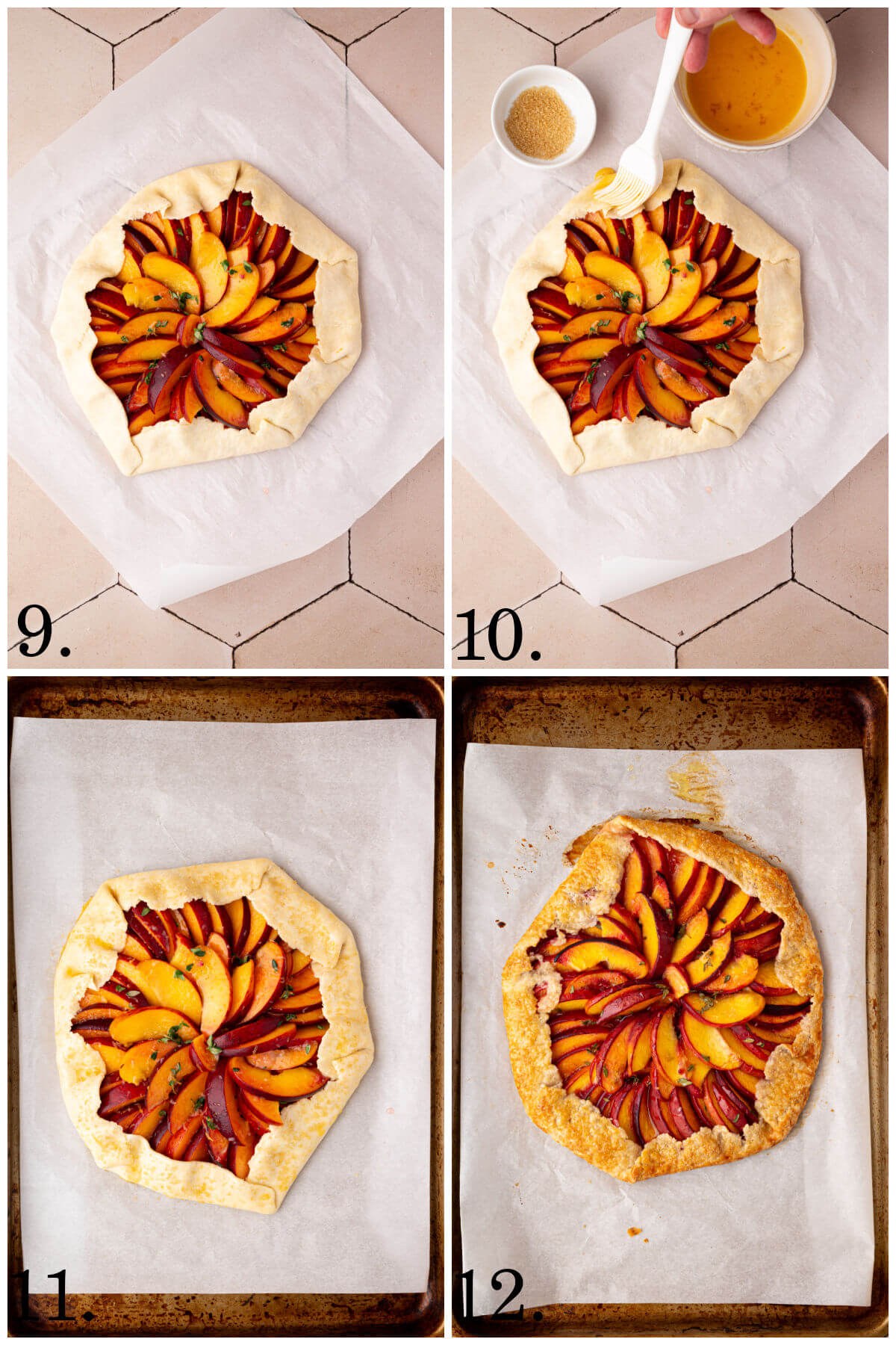 Collage of four photos showing steps 9-12 for how to make sourdough peach galette.