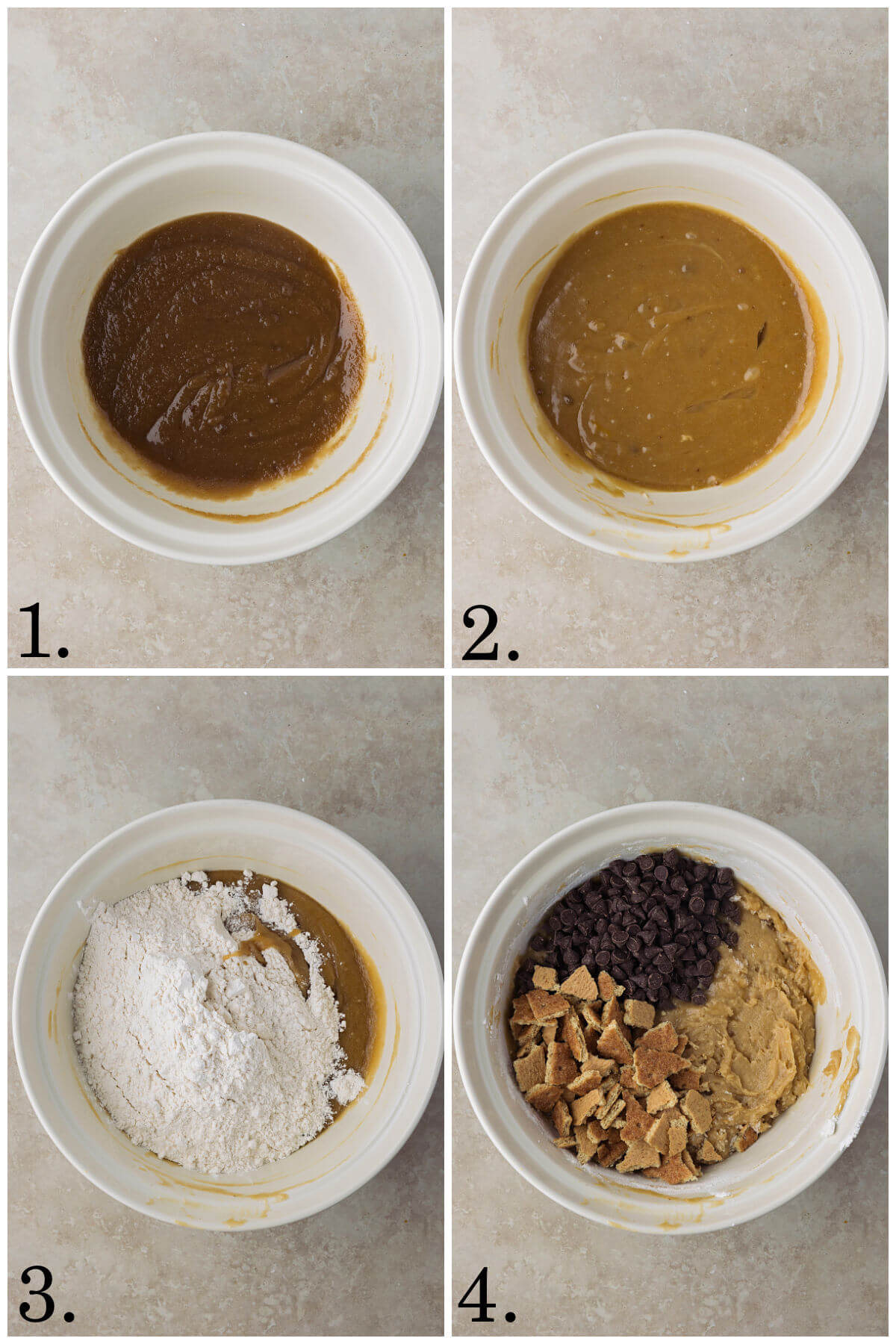 Collage of four photos showing steps 1-4 for how to make sourdough s'mores cookies.