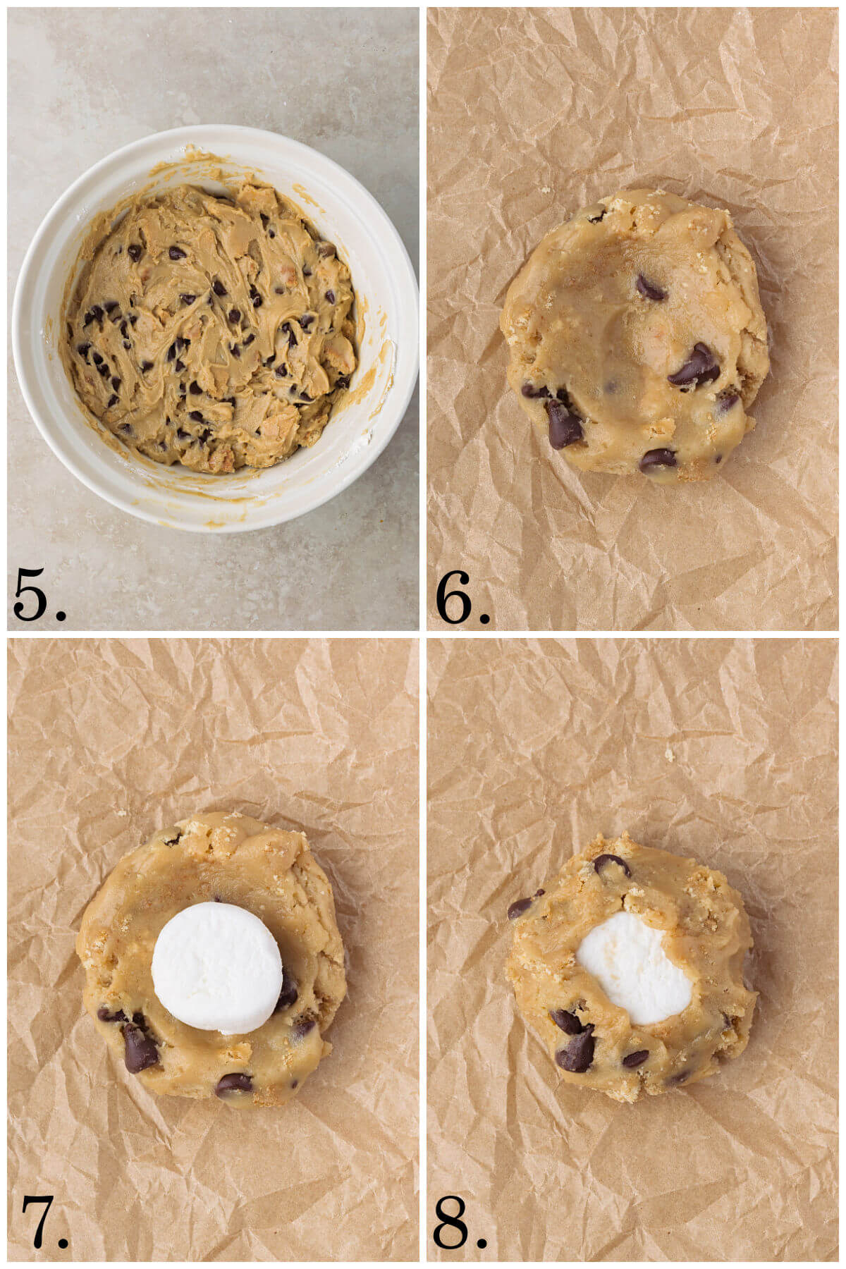 Collage of four photos showing steps 5-8 for how to make sourdough s'mores cookies.