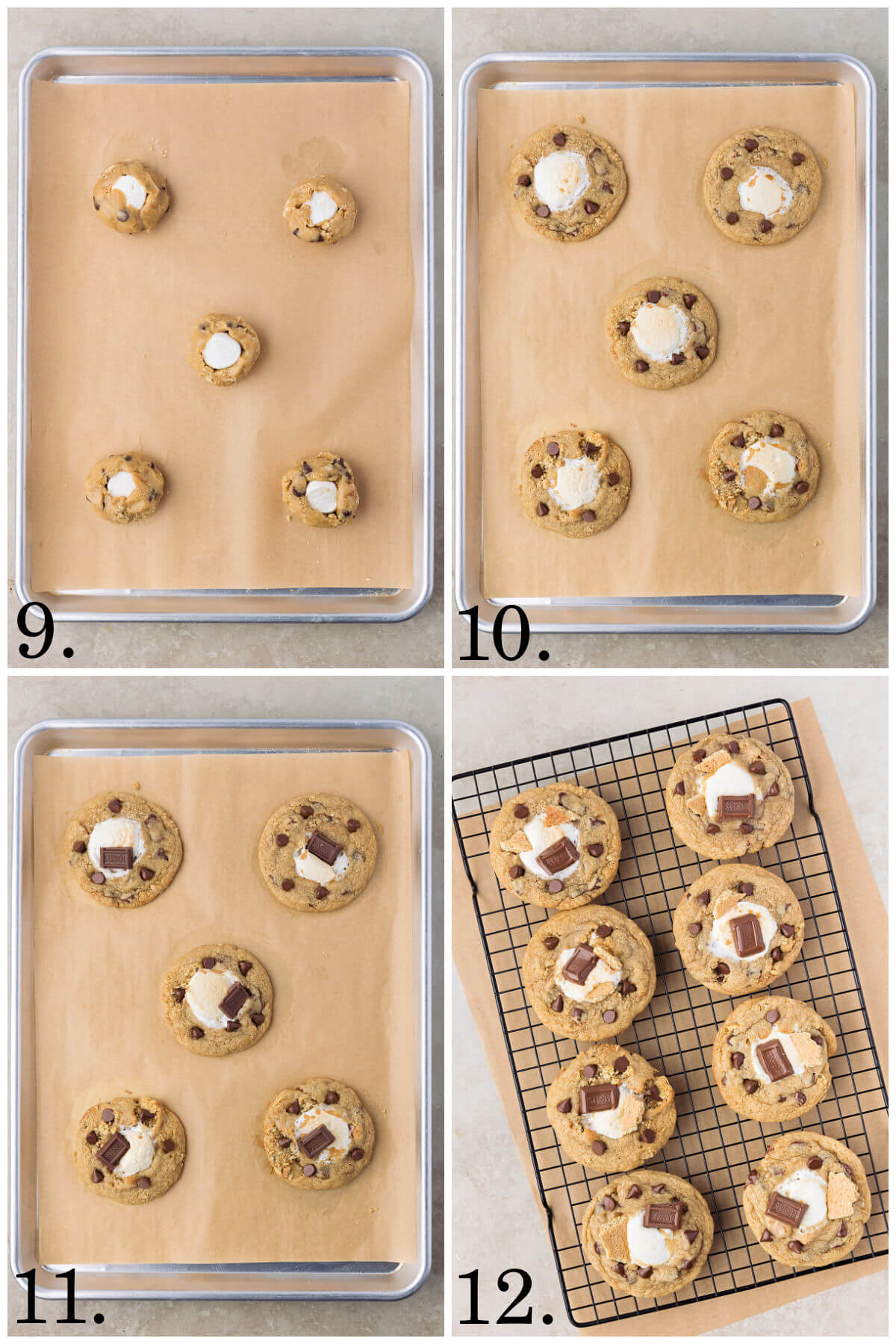 Collage of four photos showing steps 9-12 for how to make sourdough s'mores cookies.