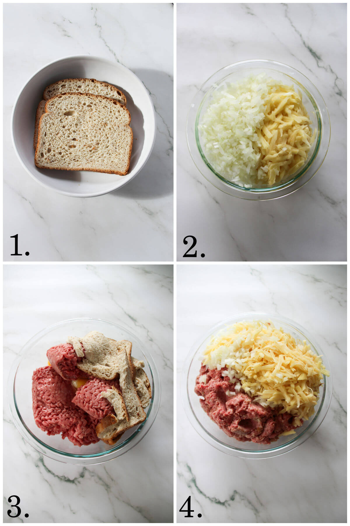 Collage of four photos showing steps 1-4 for how to make savory meatballs.