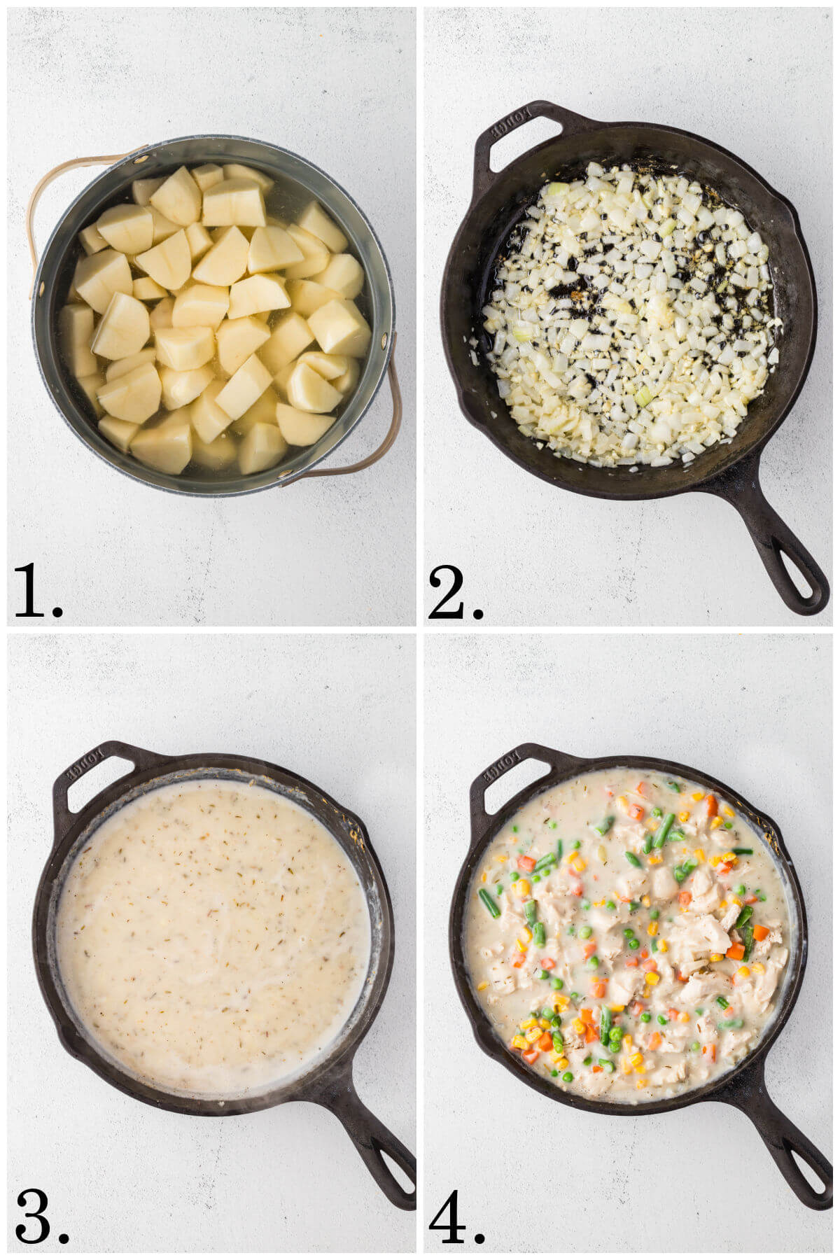 Collage of four photos showing steps 1-4 for how to make chicken shepherd's pie.
