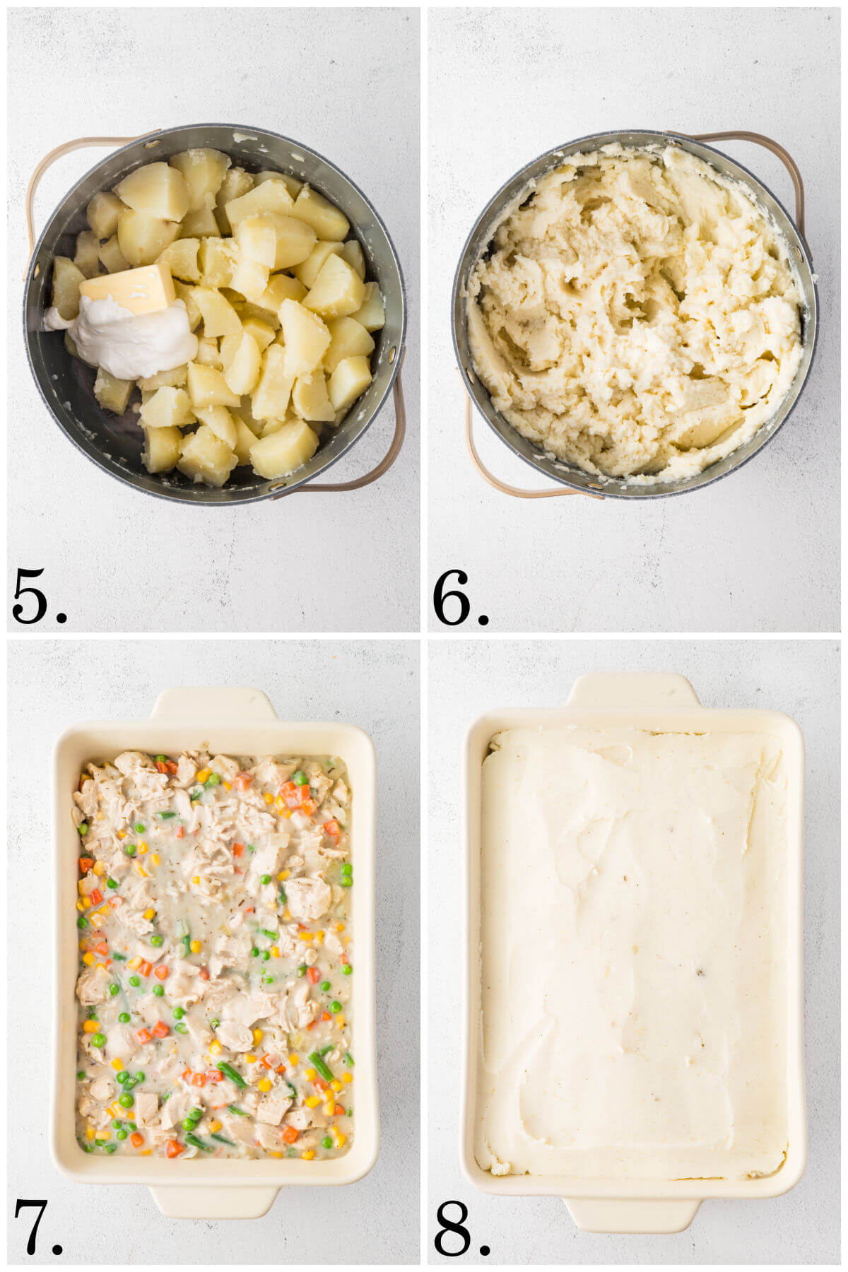 Collage of four photos showing steps 5-8 for how to make chicken shepherd's pie.