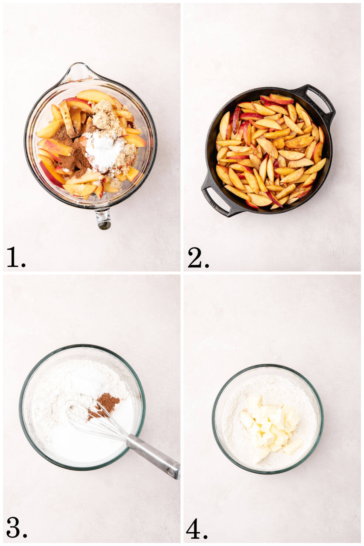 Collage of four photos showing steps 1-4 for how to make skillet peach cobbler.