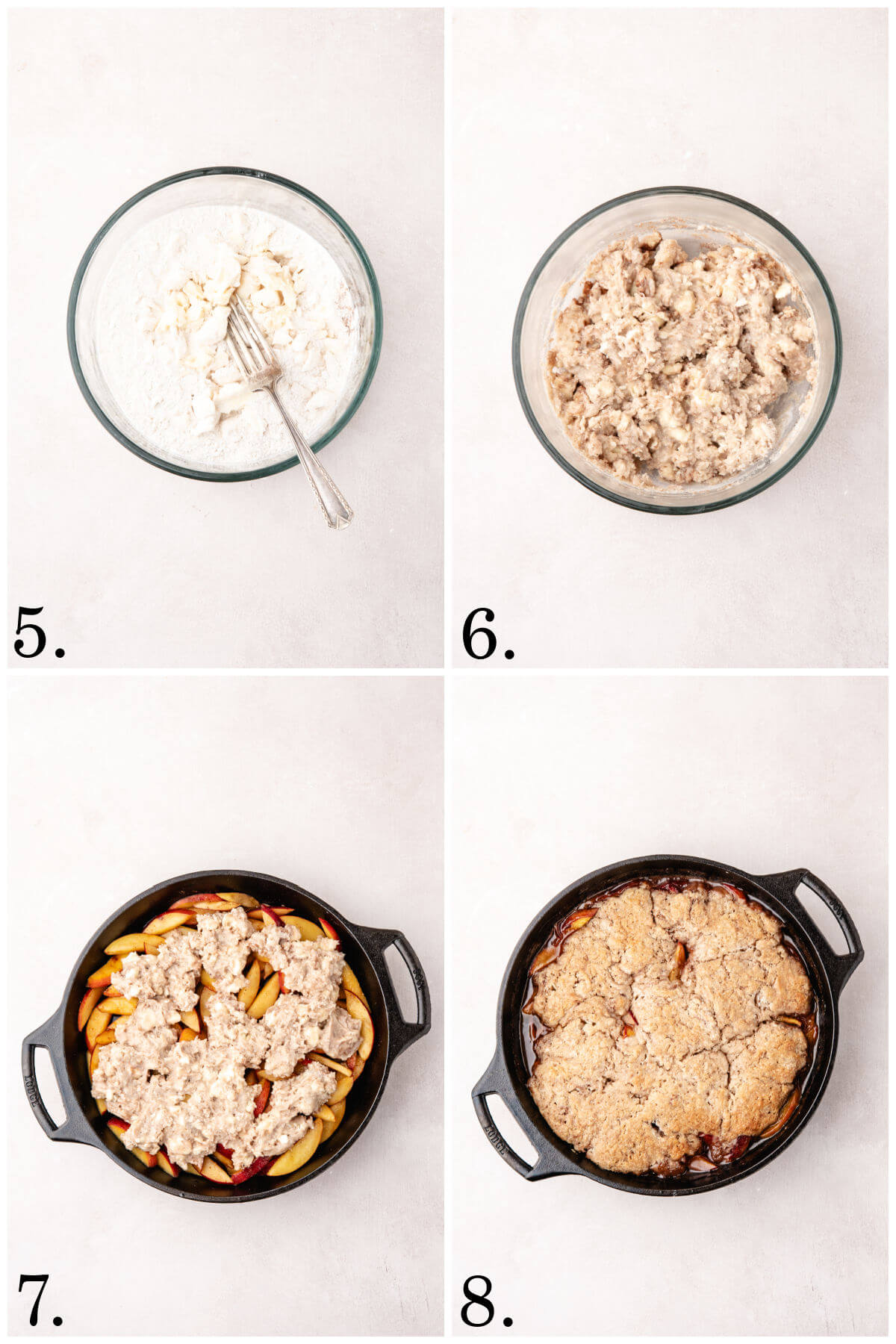 Collage of four photos showing steps 5-8 for how to make skillet peach cobbler.